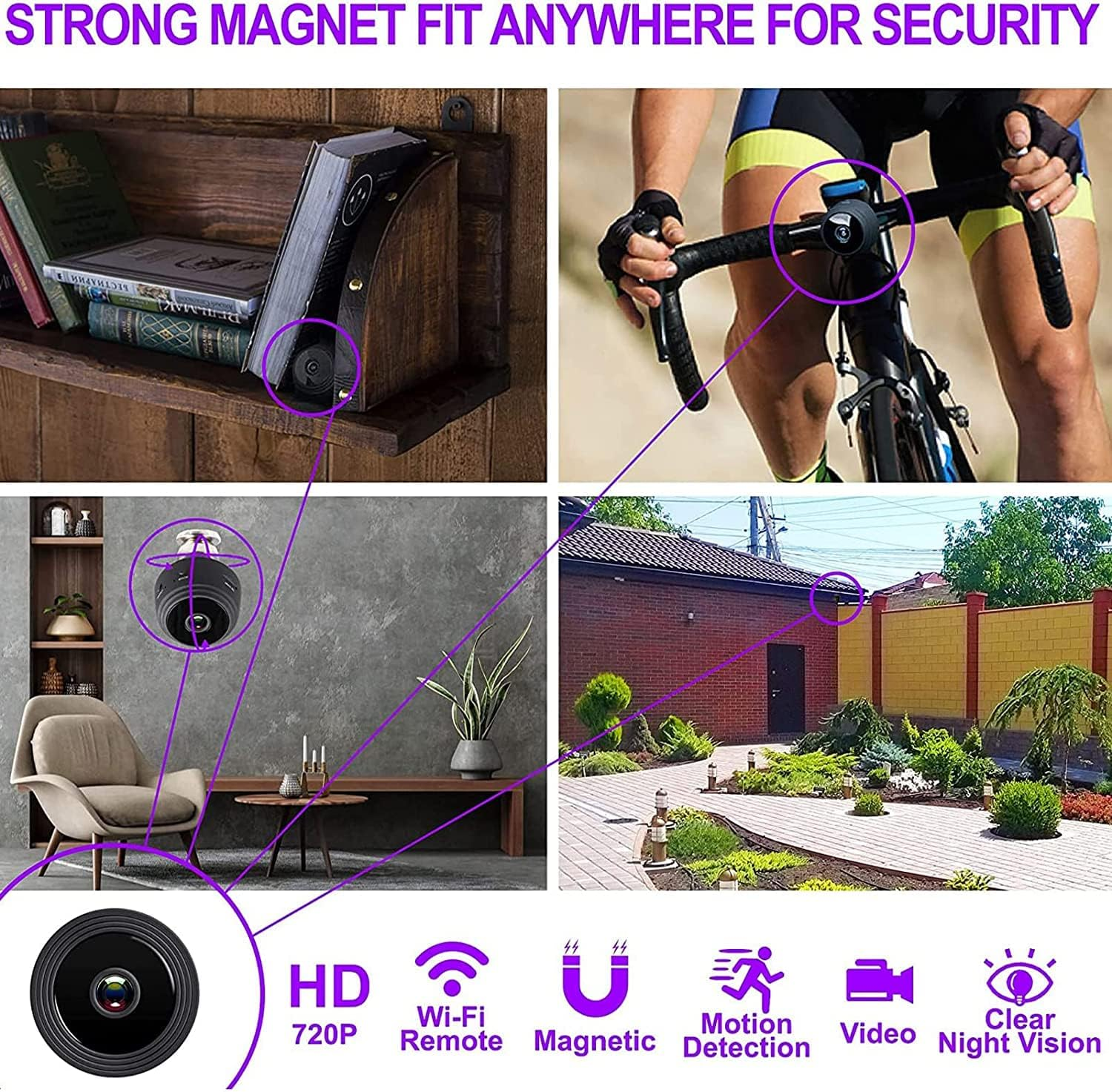 Collage mit Überwachungskamera, Funktionssymbolen und einem Fahrrad. Die Worte 'Strong Magnet Fit Anywhere'.