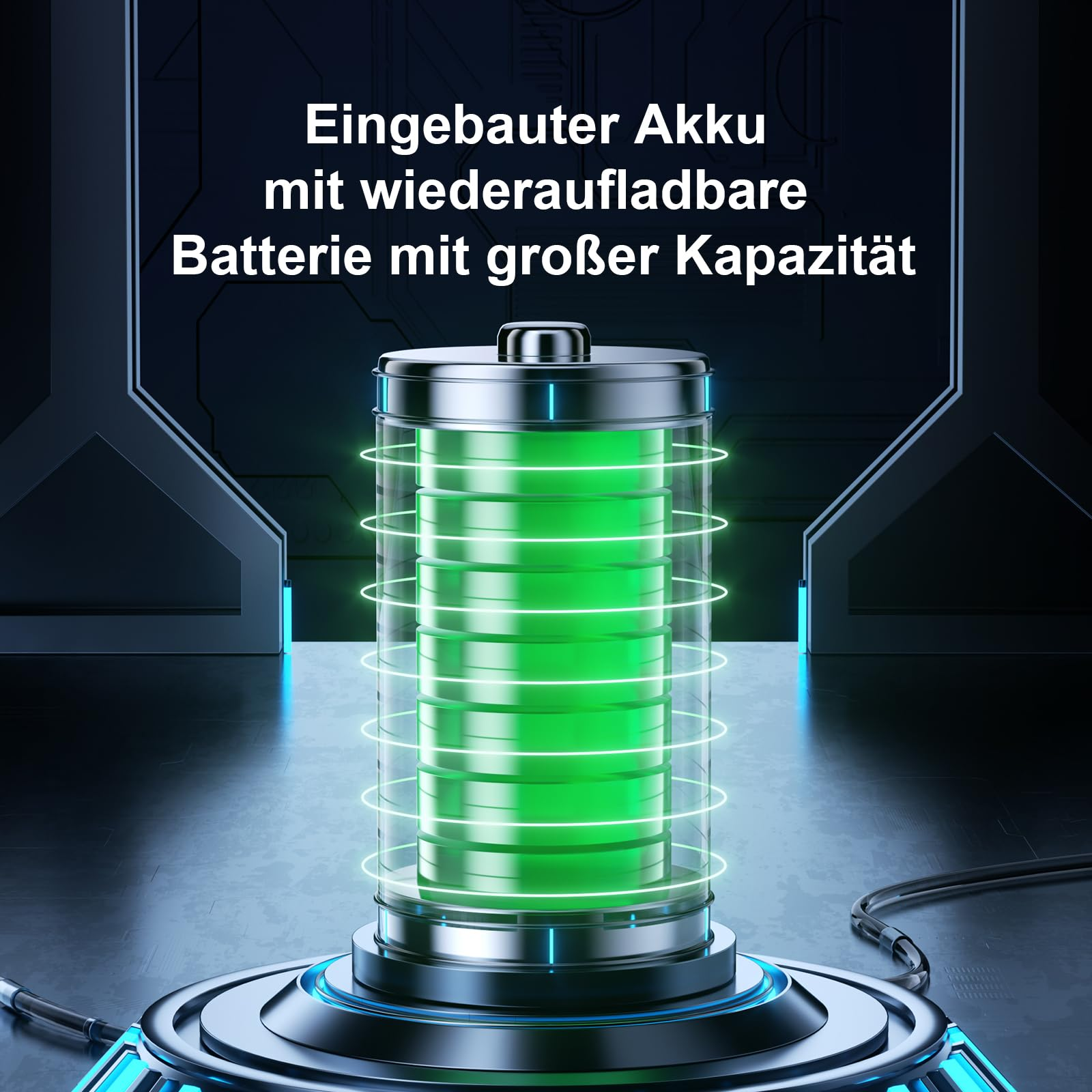 Batterie mit grünem Kern und leuchtenden Energielinien, Text: 'Eingebauter Akku mit wiederaufladbarer Batterie mit großer Kapazität'.