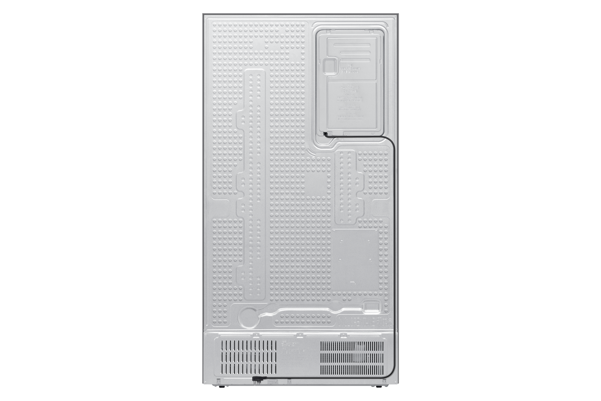 Back of a white refrigerator, featuring a textured pattern and a black power cable.