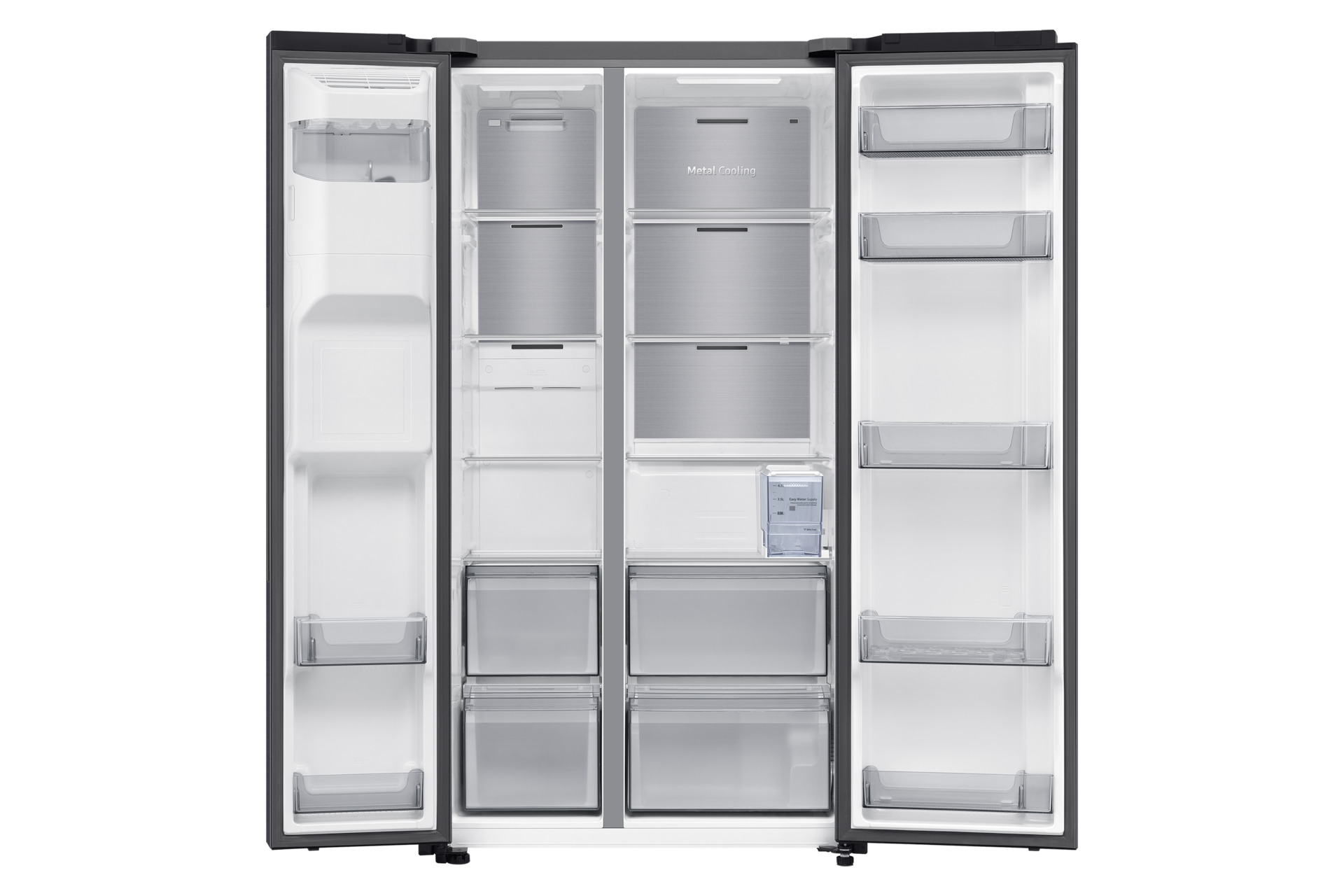 Opened black refrigerator with multiple shelves and drawers. The interior is well-lit and organized.