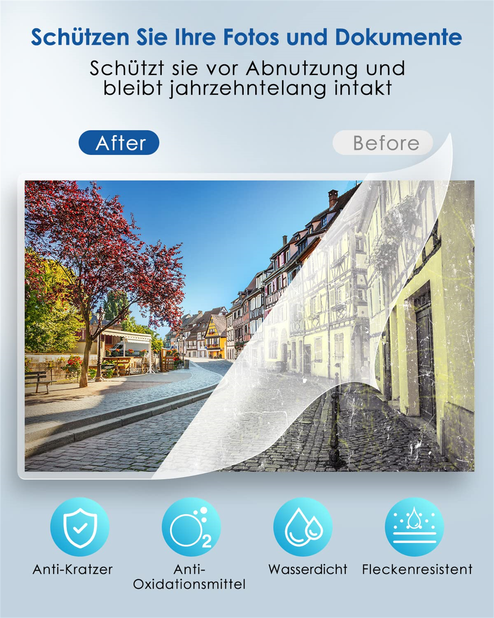 Fotorestaurierung mit Vorher-Nachher-Vergleich. Ein Baum, Gebäude und Straße sind sichtbar.