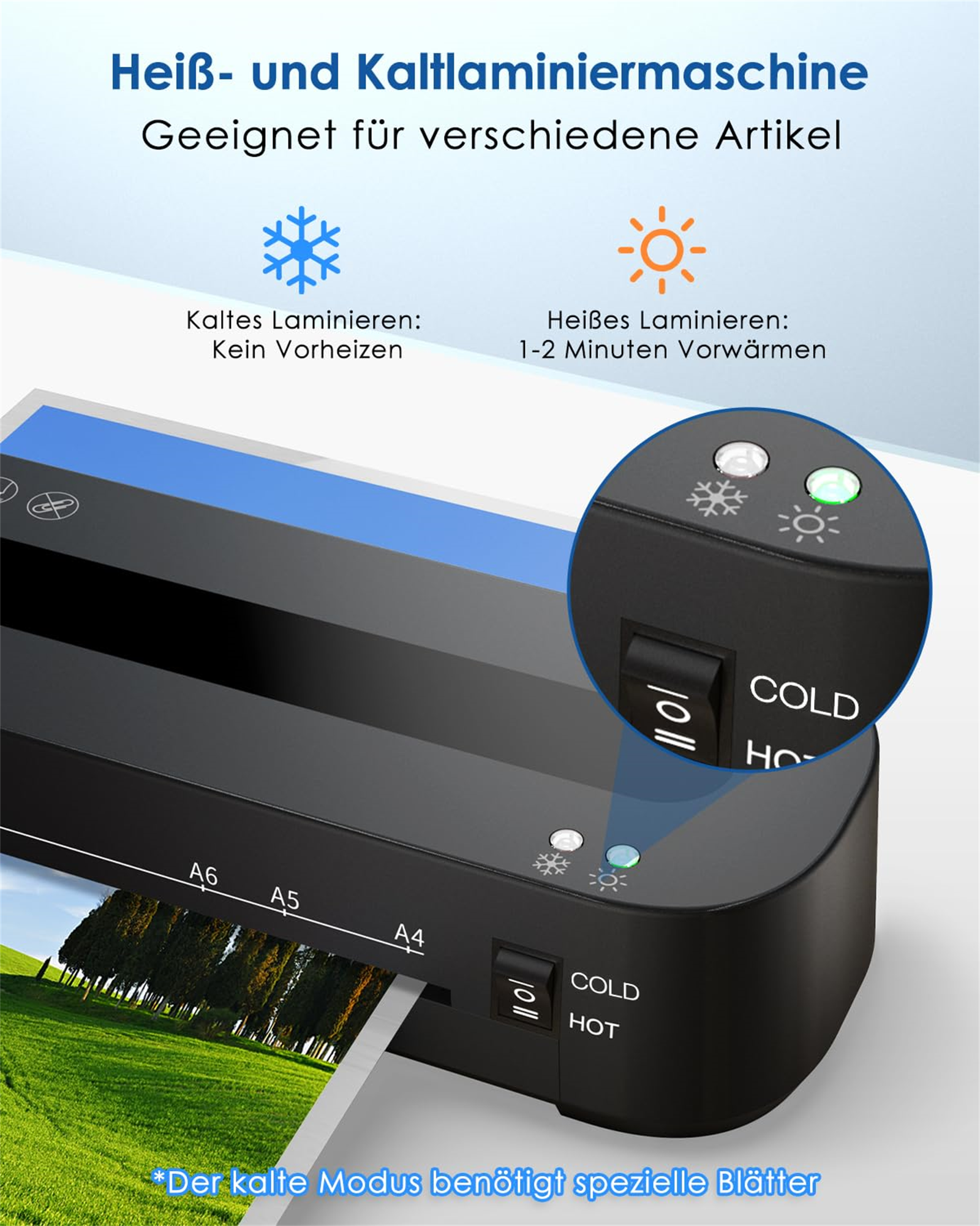 Laminiergerät mit Knöpfen für Kalt- und Heißmodi. Zeigt ein laminiertes Bild.