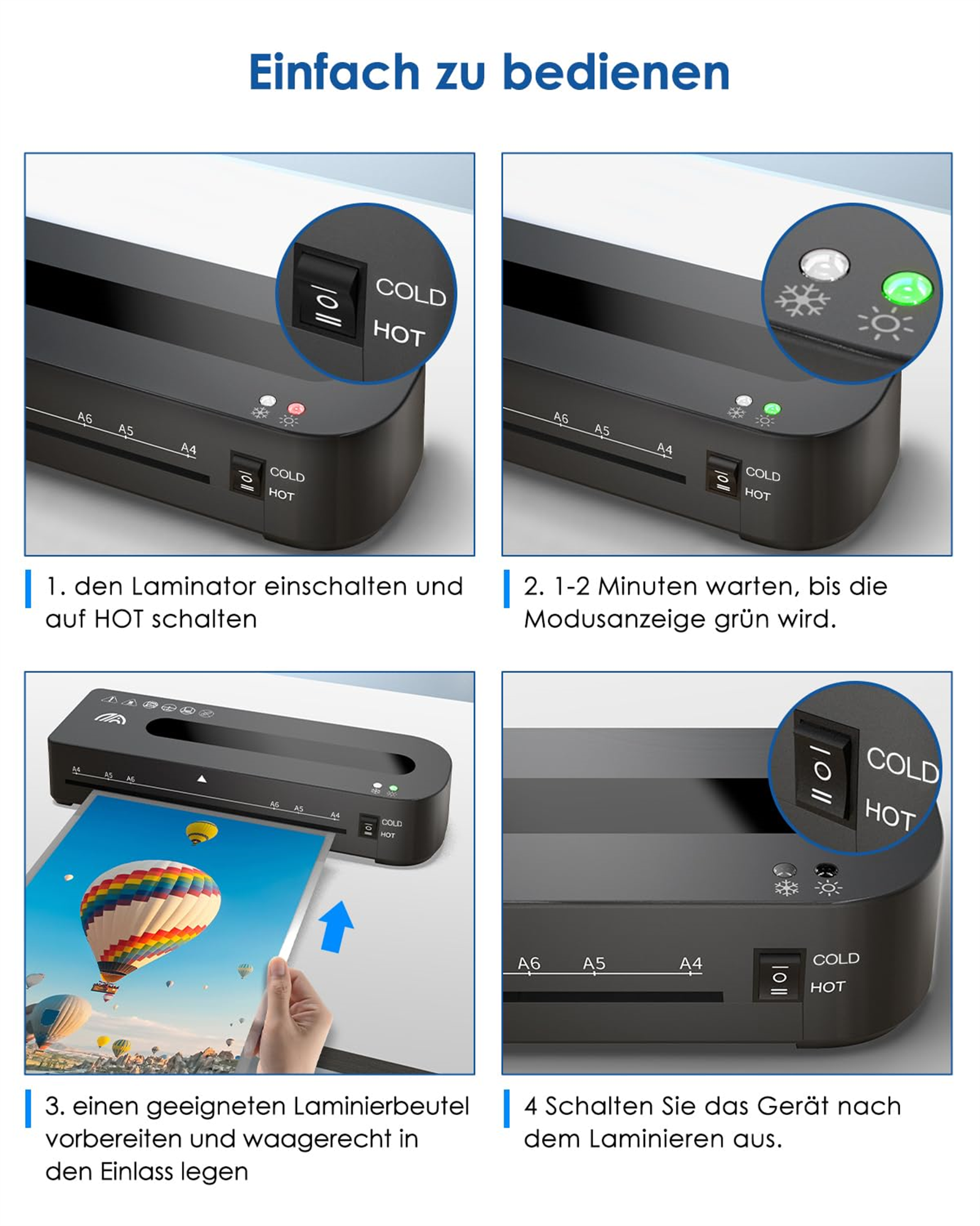 Eine Schritt-für-Schritt-Anleitung mit Laminiergerät und Dokumenten, wie man laminiert.