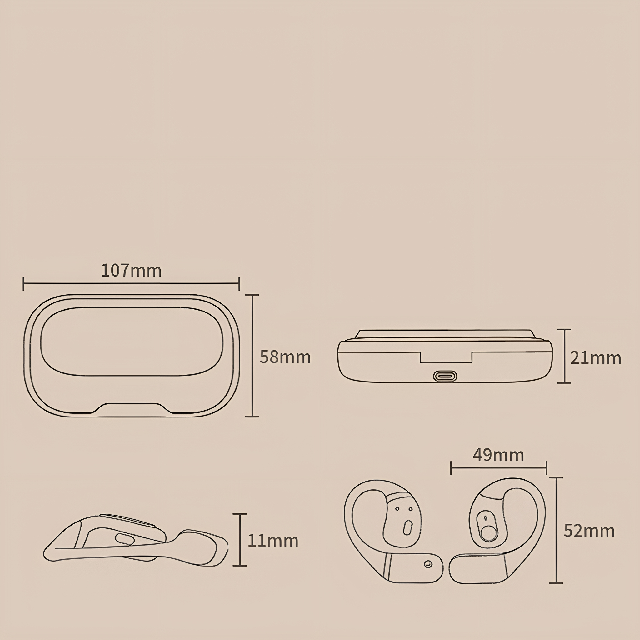 Diagramm von Ohrhörern und Ladecase mit Abmessungen in Millimetern, beiger Hintergrund.