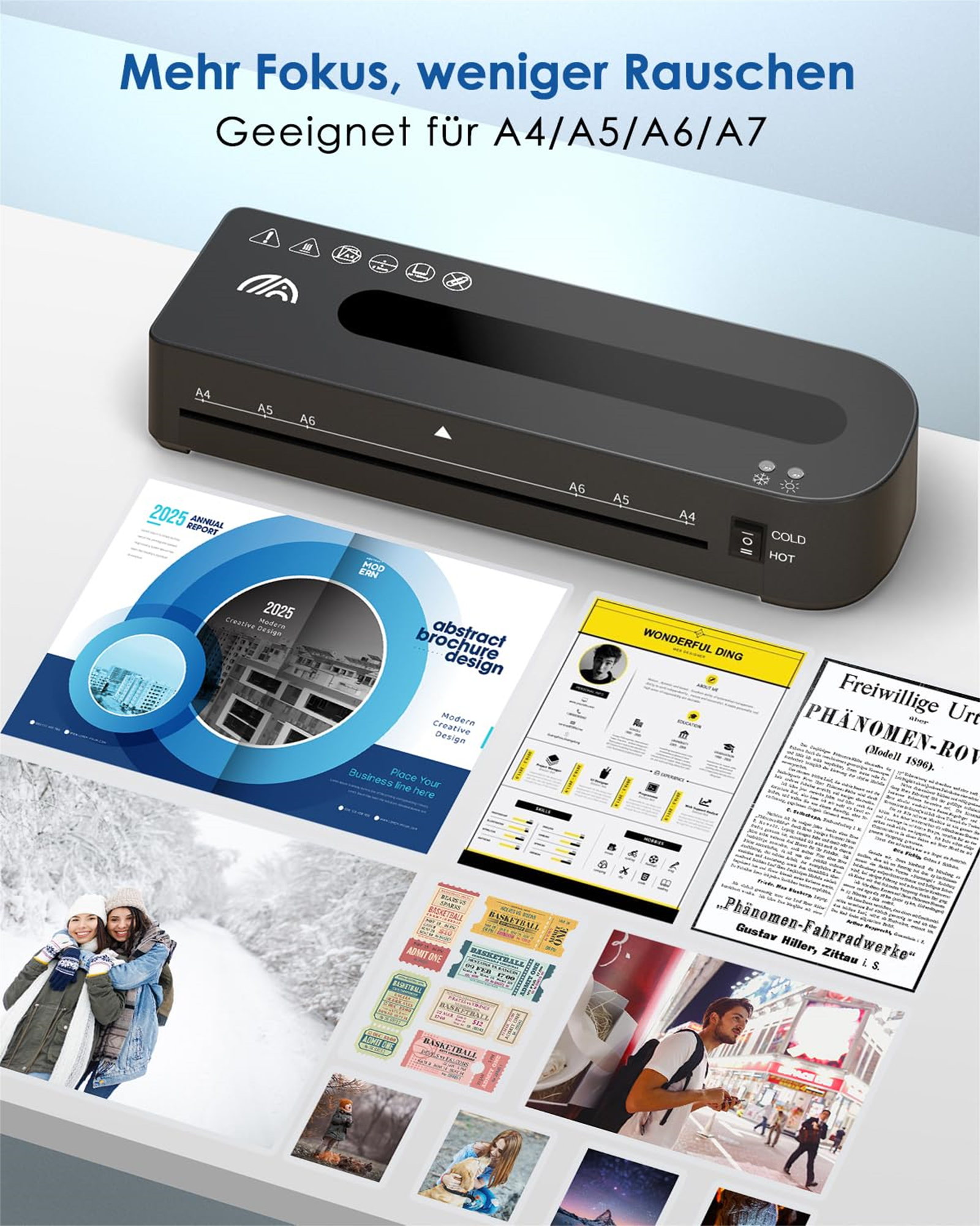 Laminiergerät mit Dokumenten, Magazinseiten und Fotos. Text auf Deutsch.