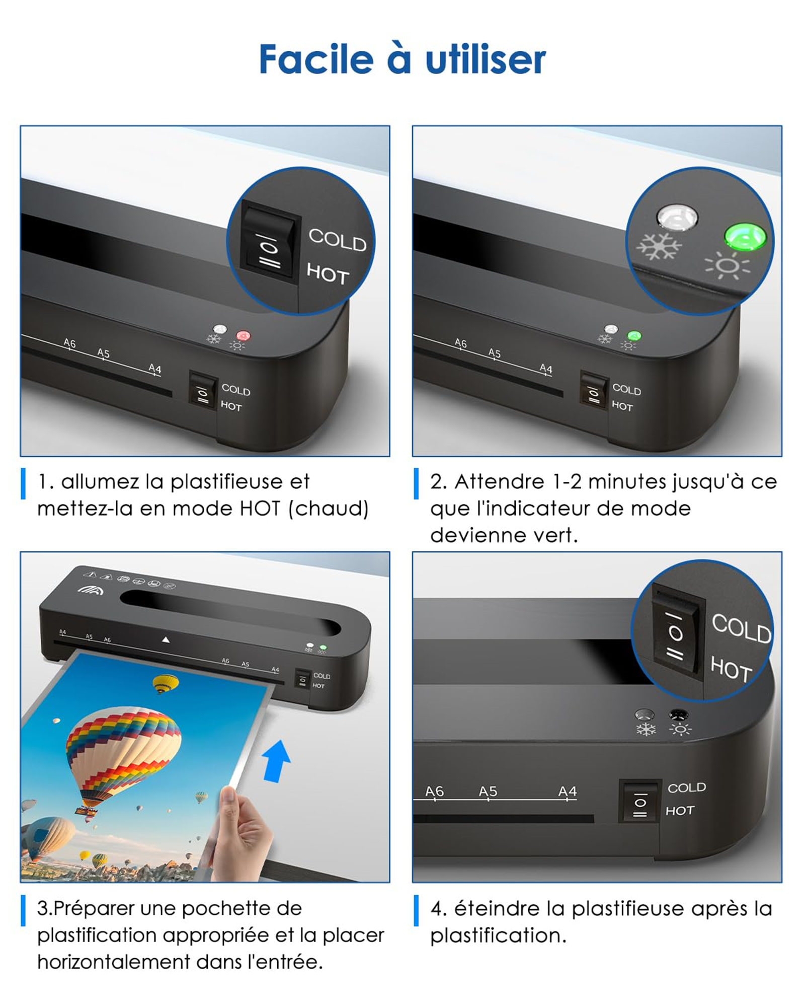 Ein Laminator mit Anweisungen. Es zeigt den Netzschalter und den Vorgang des Laminierens eines Blattes.