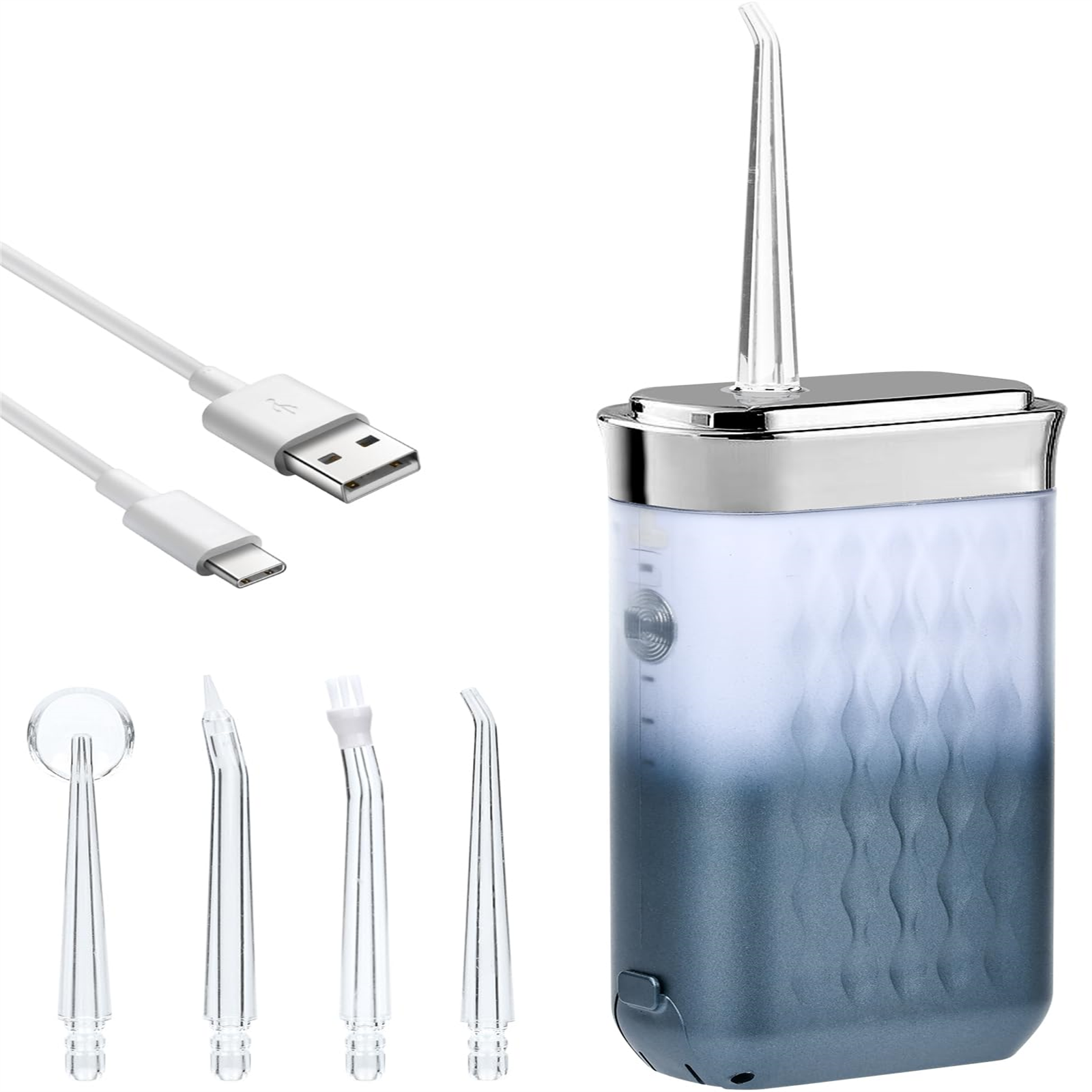 Eine Zahn-Wasser-Flosser mit mehreren Aufsätzen und einem USB-Kabel.