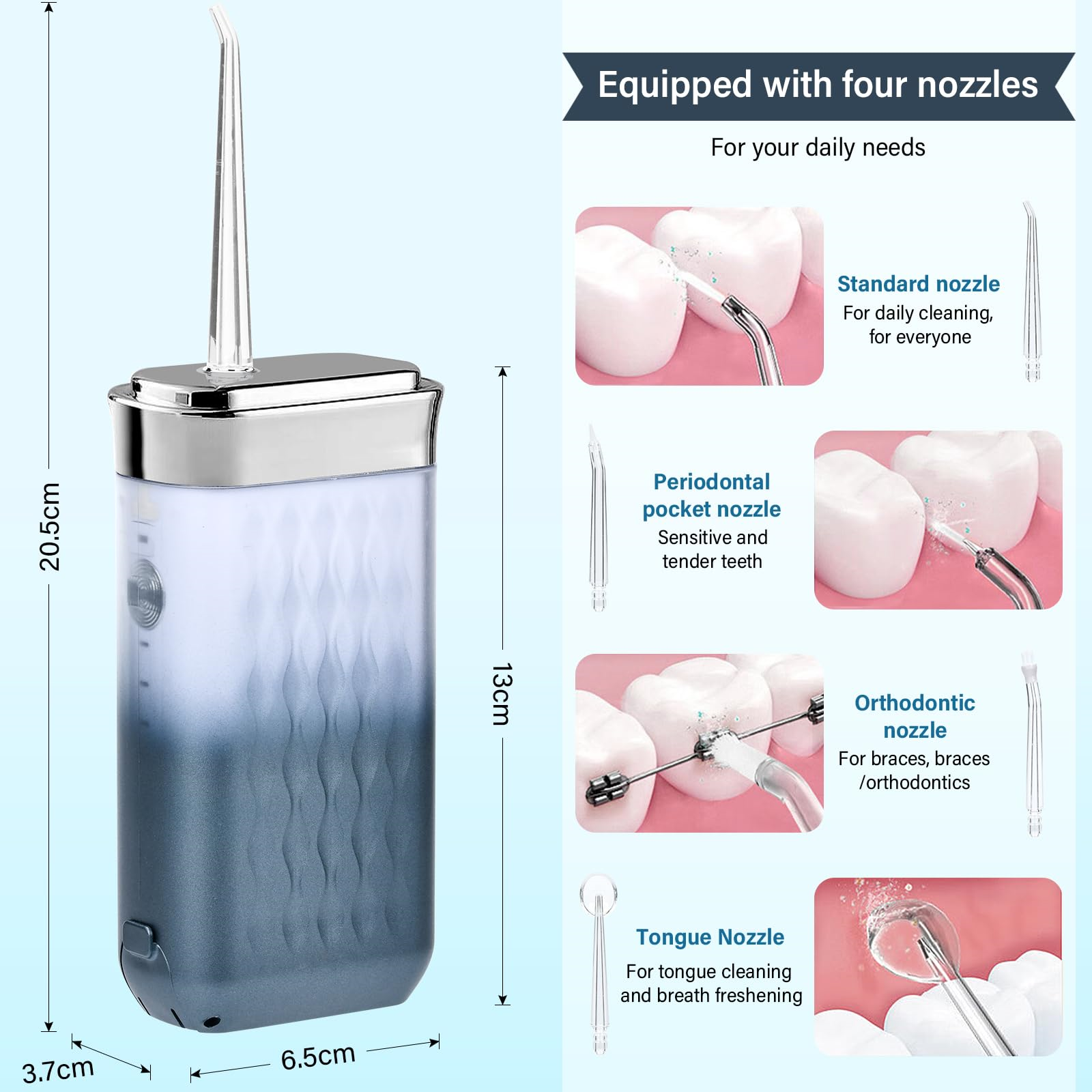 Ein Wasser-Flosser mit mehreren Reinigungsdüsen. Das Bild zeigt verschiedene Düsen mit ihren Verwendungen und Abmessungen.