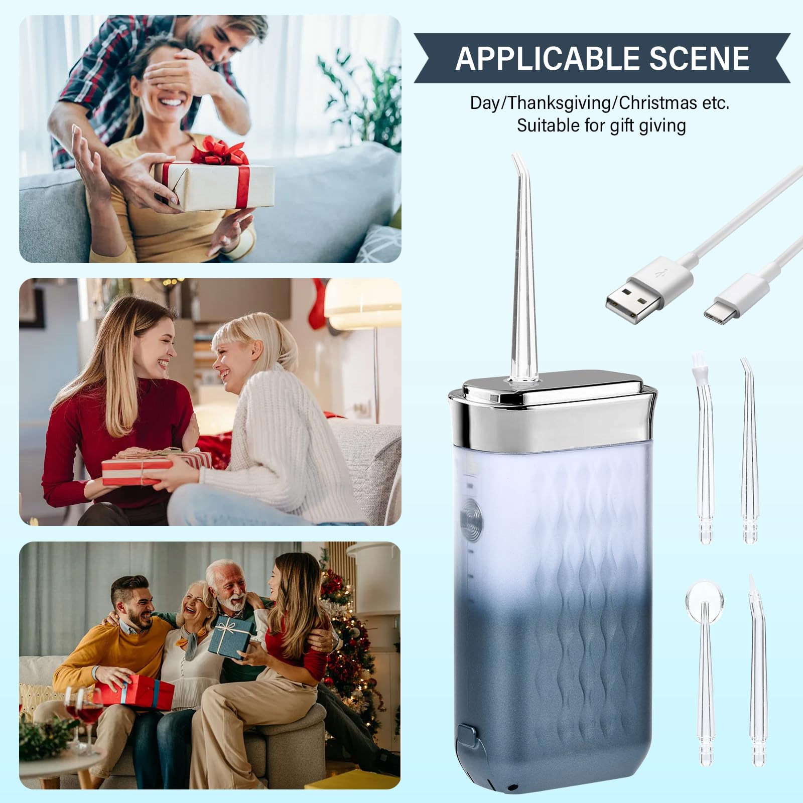 Zahnwasser-Flosser mit Zubehör und Geschenkszenen.  Leute verschenken Geschenke.