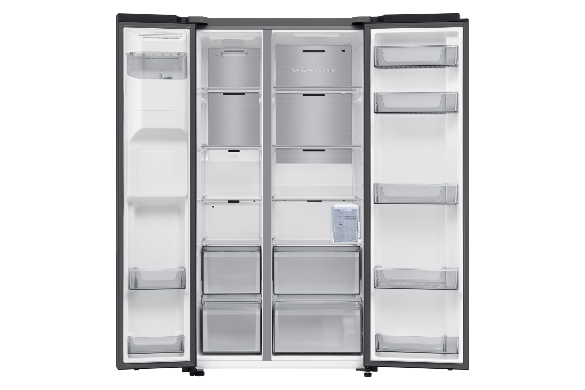 Offener Kühlschrank mit Regalen und Schubladen. Innenraum aus Edelstahl, mit verschiedenen Ablagefächern.