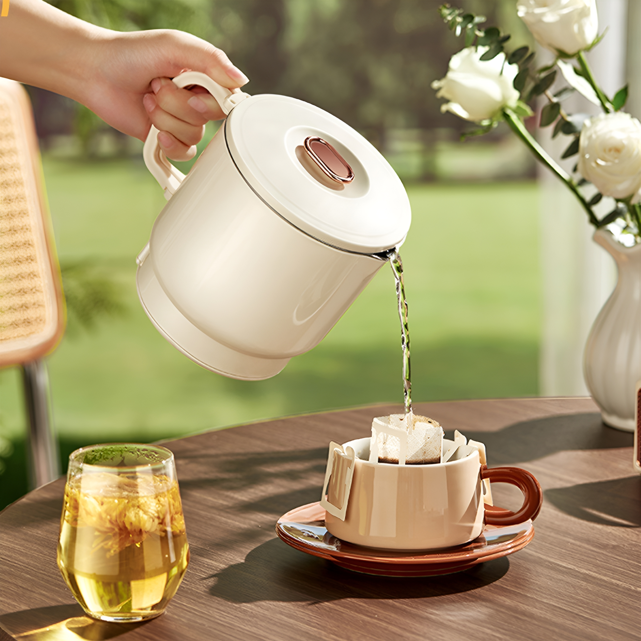 Eine Person gießt Wasser aus einem weißen Wasserkocher in eine Tasse. Eine Tasse Tee und eine Vase mit Blumen sind vorhanden.