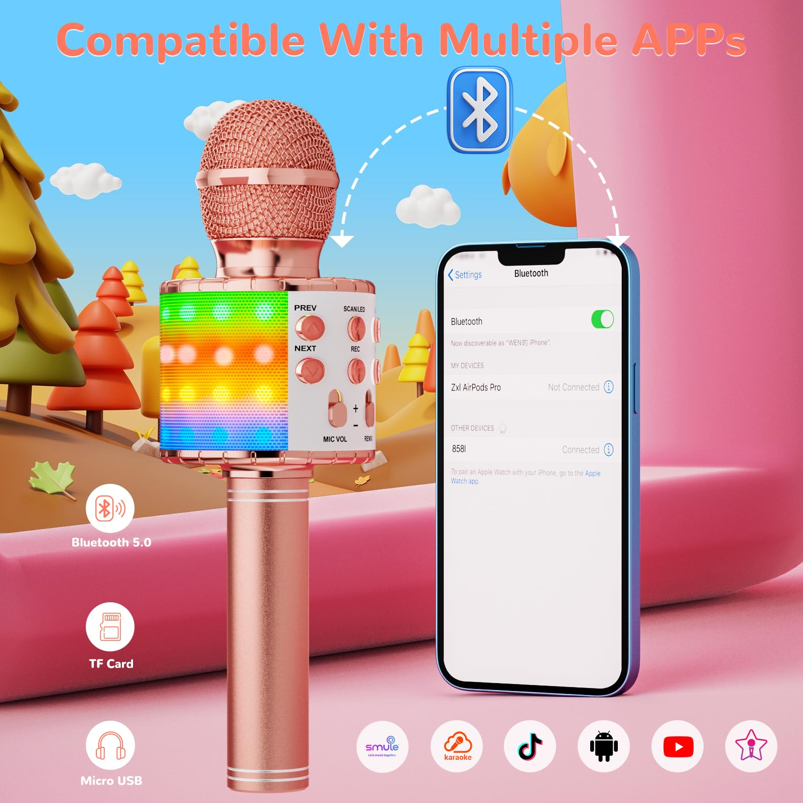 Roségoldenes Mikrofon mit einem Telefon, das Bluetooth-Einstellungen anzeigt. Apps sind unten aufgelistet.