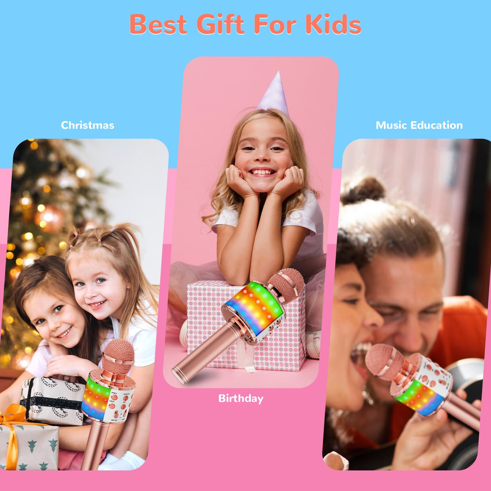 Kinder mit Mikrofonen. Text: Bestes Geschenk für Kinder. Weihnachten, Geburtstag, Musikerziehung.