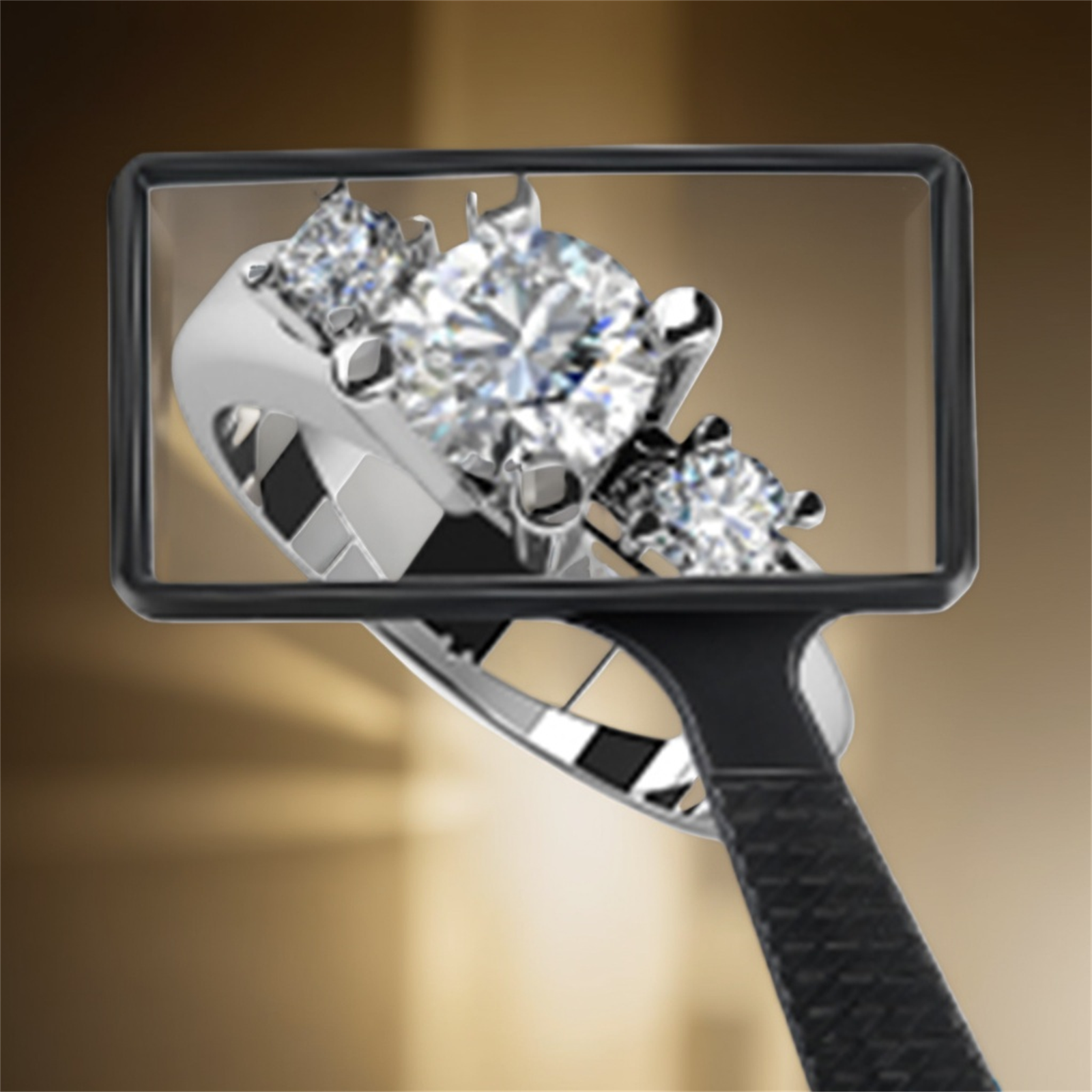 Diamantring durch eine Lupe betrachtet. Der Ring ist silberfarben und hat drei Diamanten.