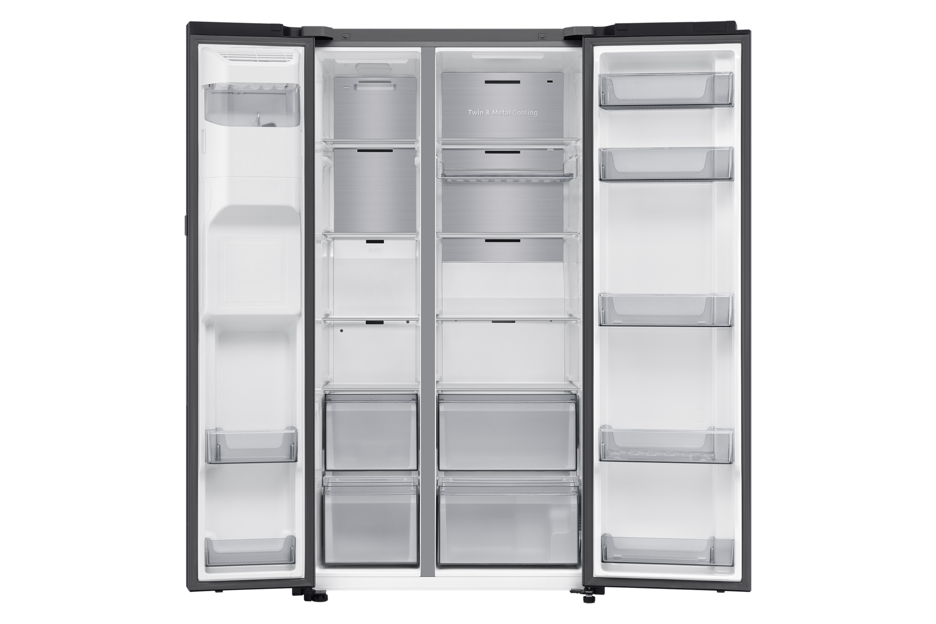 Offener Kühlschrank mit mehreren Regalen und Schubladen, der das Innere zeigt.