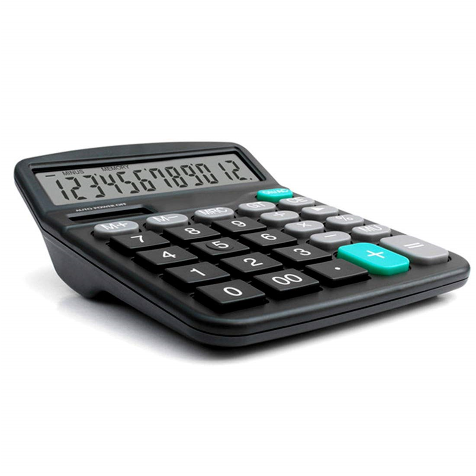 Schwarzer Taschenrechner mit weißen Zahlen und Tasten. Bildschirm zeigt '123456789012'.