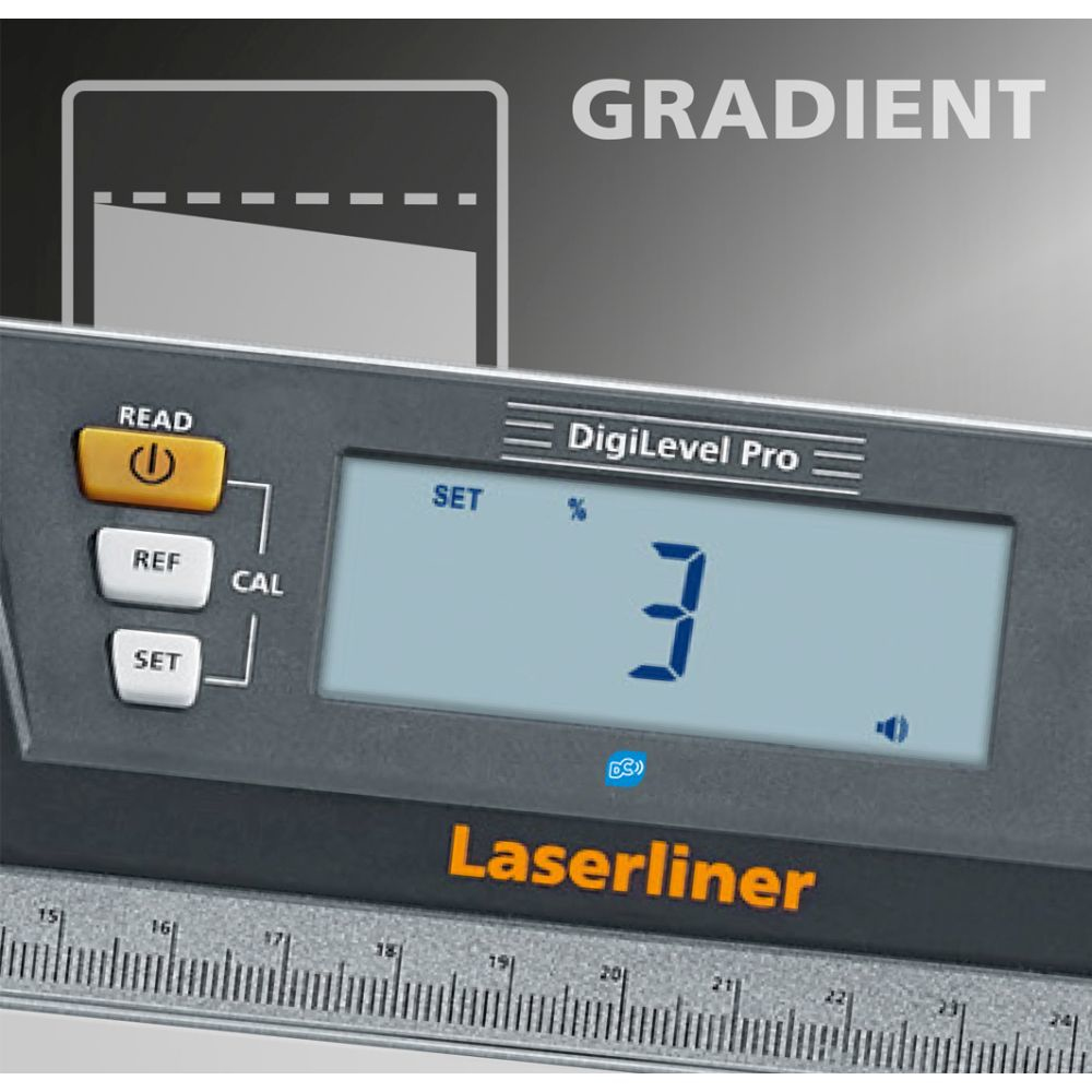 Nivellierwerkzeug mit Digitalanzeige mit Prozenten und Laserliner-Logo.