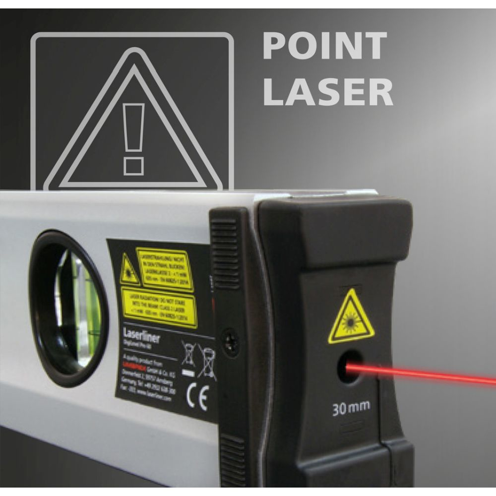 Ein Nivellierwerkzeug mit rotem Laserstrahl und Warnzeichen. Text: 'POINT LASER'.