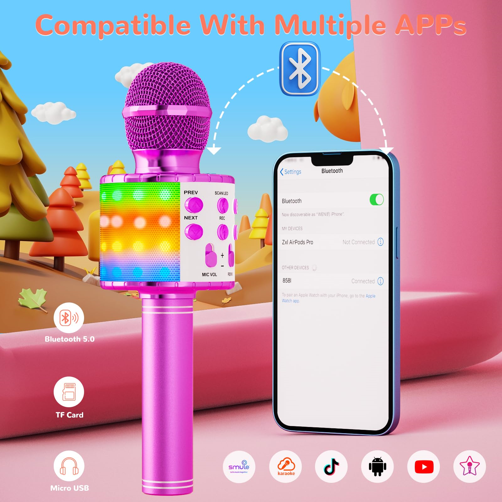Ein pinkfarbenes Karaoke-Mikrofon mit Smartphone. Bluetooth- und App-Kompatibilitäts-Symbole werden angezeigt.