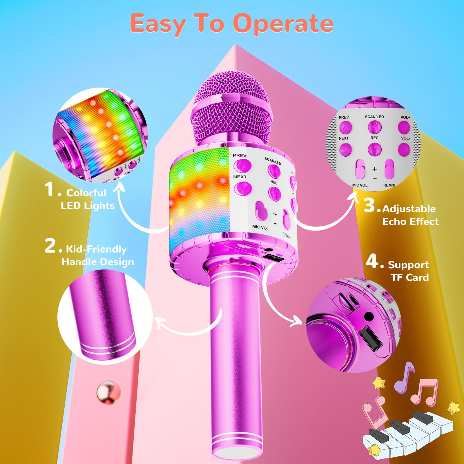 Pinkes Karaoke-Mikrofon mit Knöpfen und Lichtern. Details zeigen Funktionen wie LED-Leuchten und TF-Karte.