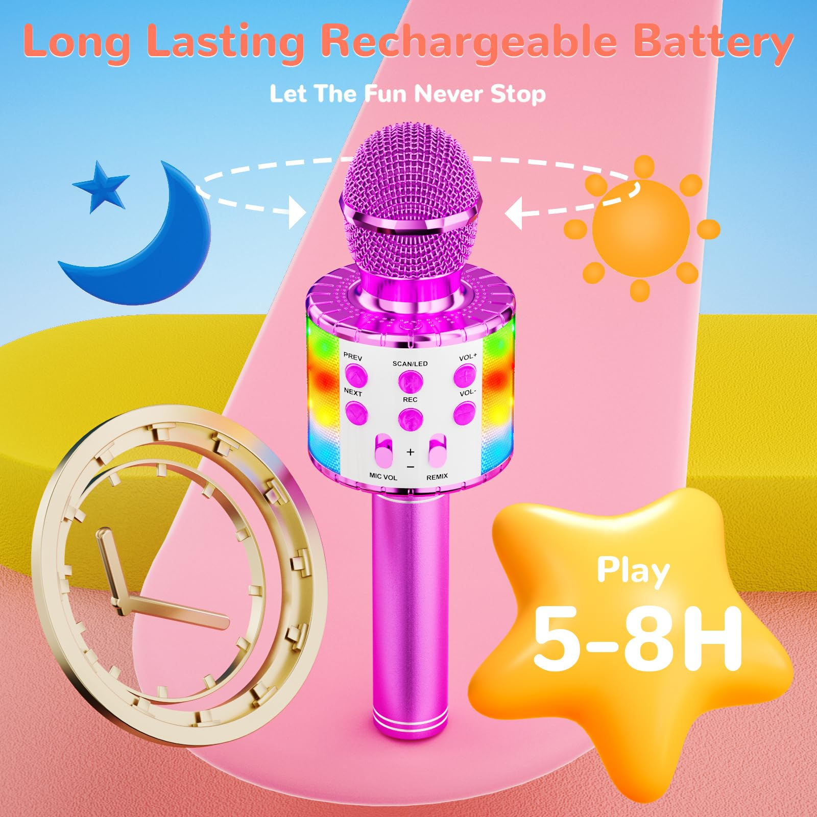 Ein pinkfarbenes Karaoke-Mikrofon mit Knöpfen und einem Stern. Mond, Sonne und Uhr im Hintergrund.