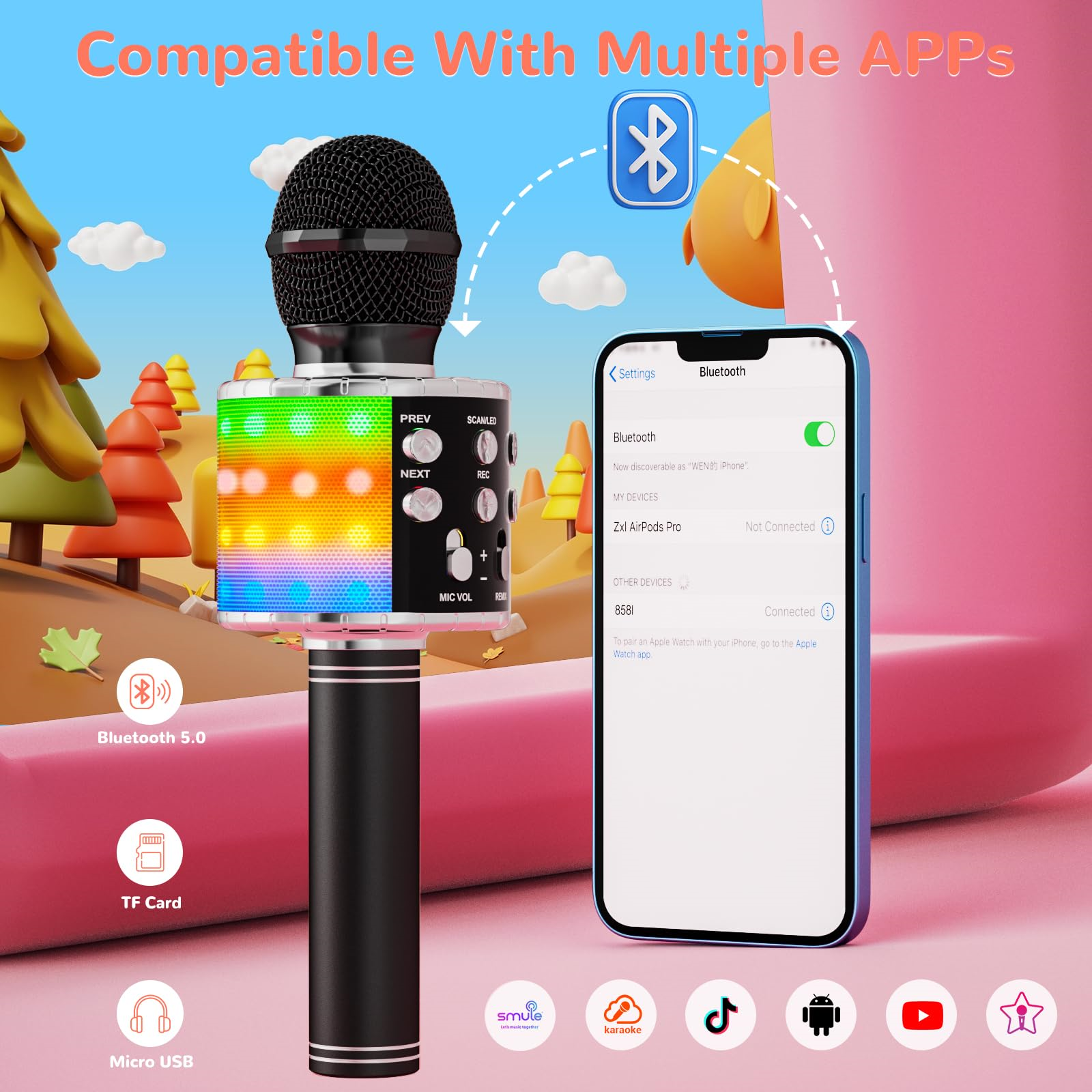 Ein Karaoke-Mikrofon mit einem Smartphone daneben. Es gibt Symbole und Logos darum herum.