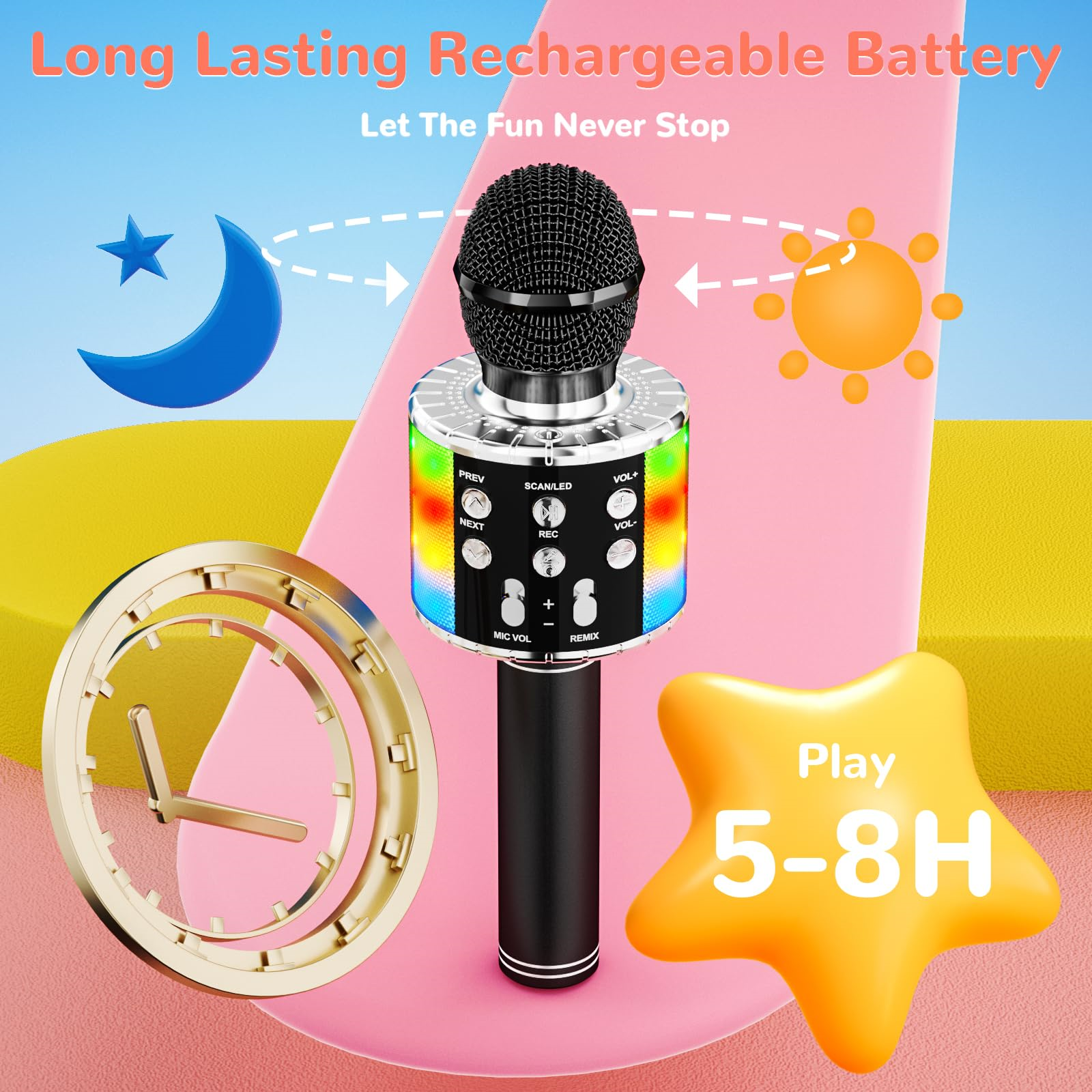 Ein farbenfrohes Karaoke-Mikrofon mit sternförmigem Spielsymbol und Halbmond.