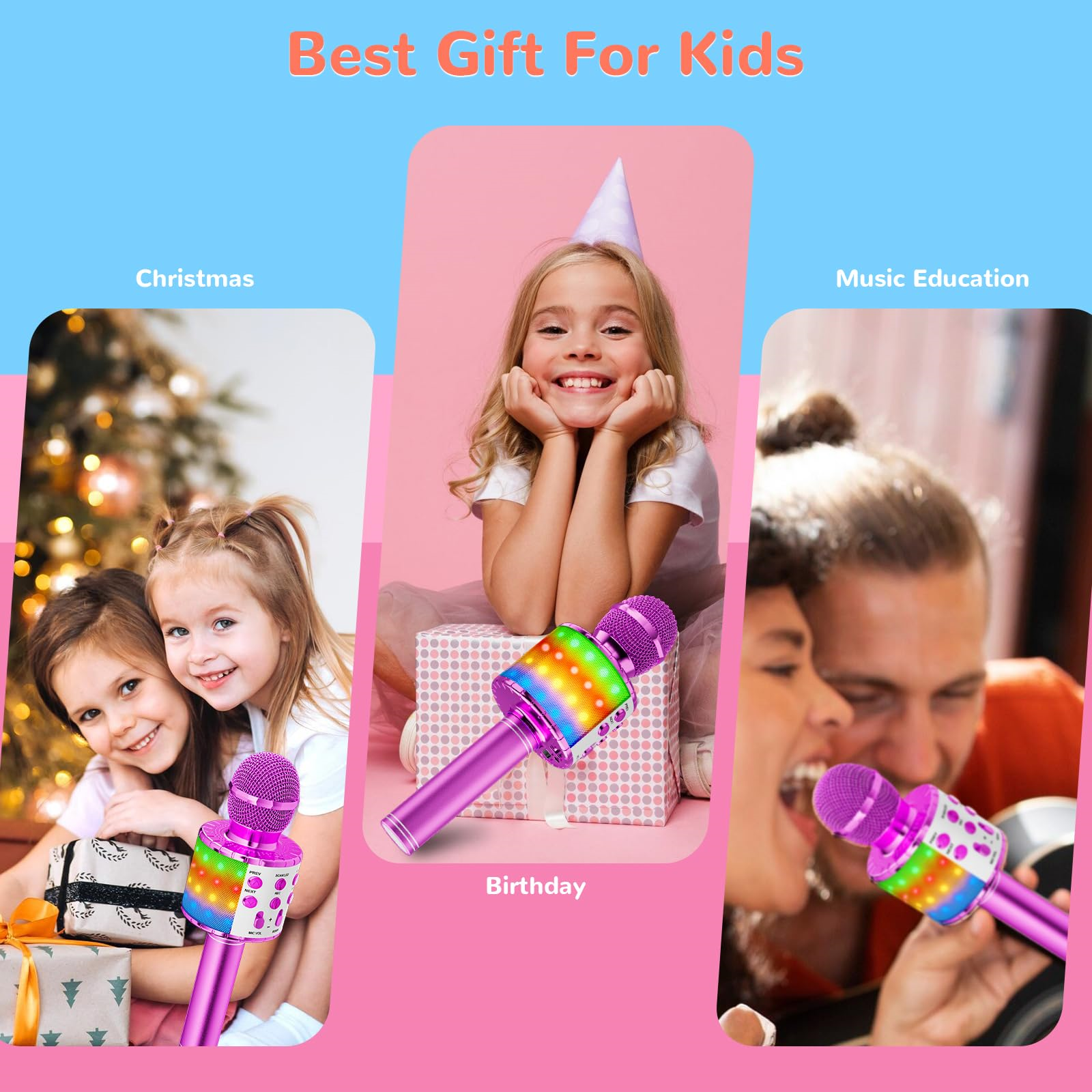 Eine Collage von Bildern, die Kinder mit Mikrofonen zeigen. Der Text lautet 'Bestes Geschenk für Kinder' und erwähnt Weihnachten und Geburtstag.