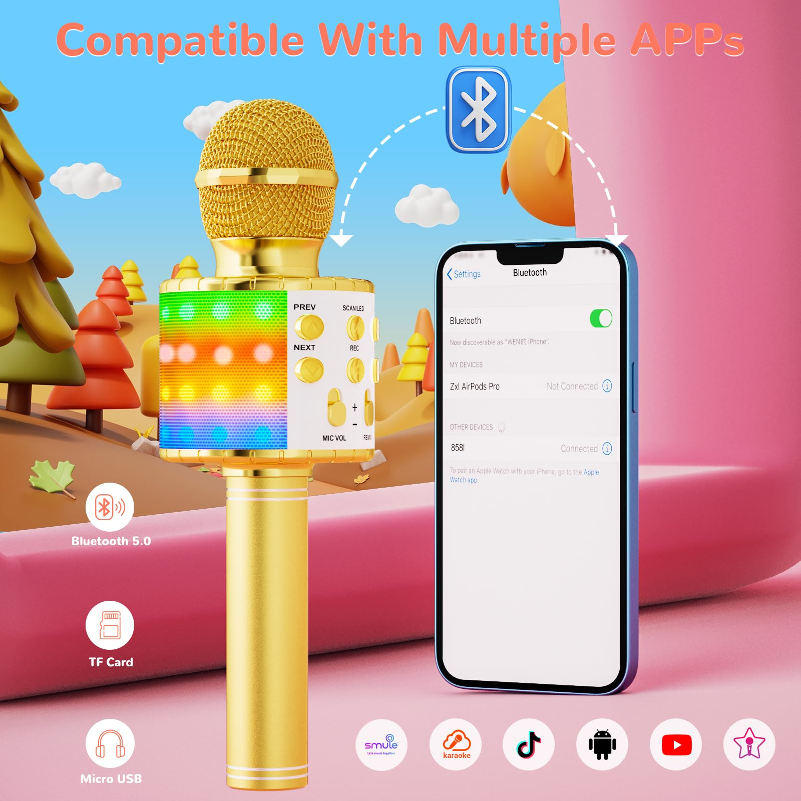 Goldenes Mikrofon mit Regenbogenlichtern, Smartphone mit Bluetooth-Einstellungen, App-Icons.