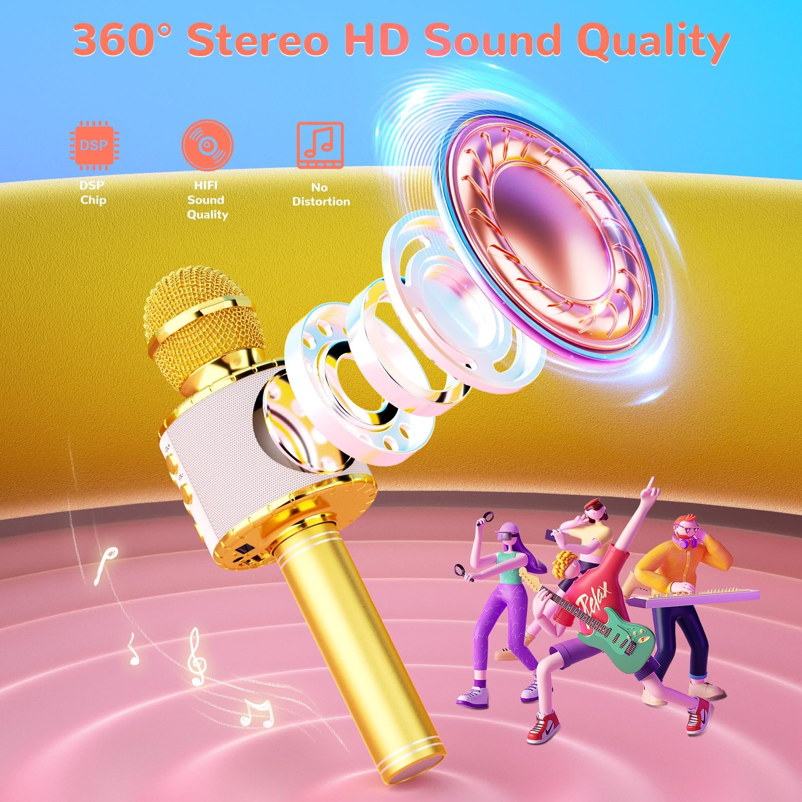 Goldenes Mikrofon mit Personen- und Schallwellen-Symbolen. Text: '360° Stereo HD Sound Quality'.