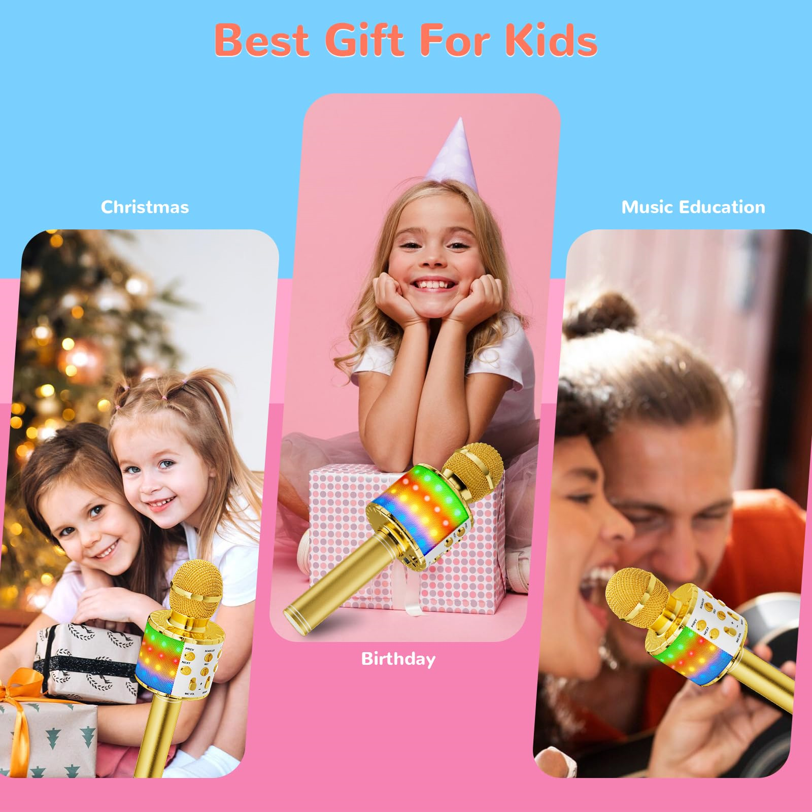 Eine Collage zeigt Kinder mit Mikrofonen. Text: Bestes Geschenk für Kinder.