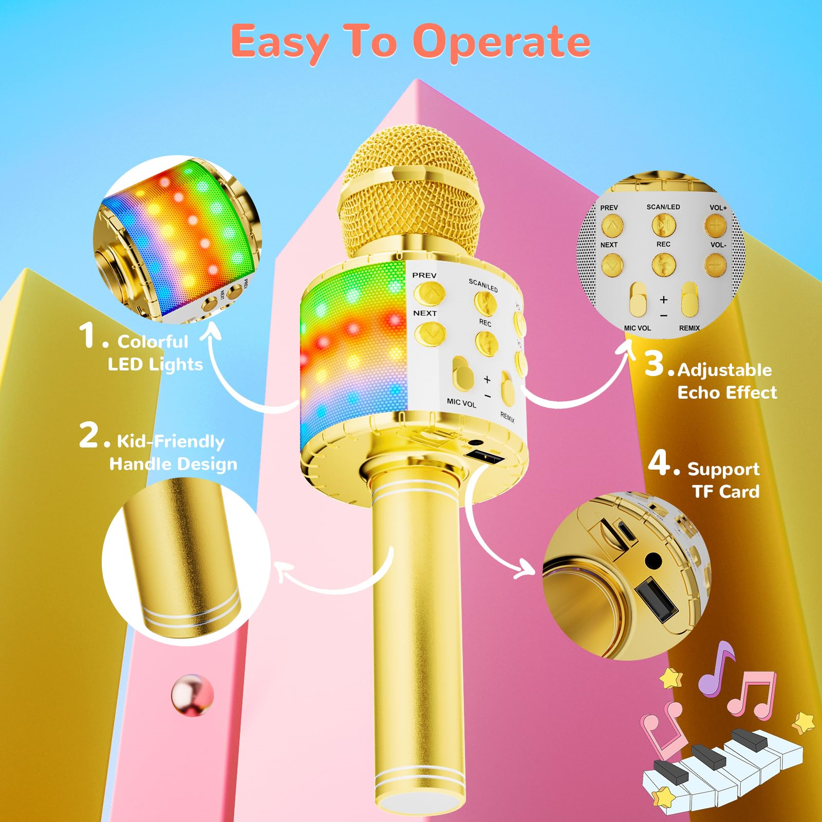 Goldenes Mikrofon mit farbenfrohen LED-Leuchten, beschriftete Funktionen. Es hat einen goldenen Griff und ein kinderfreundliches Design.