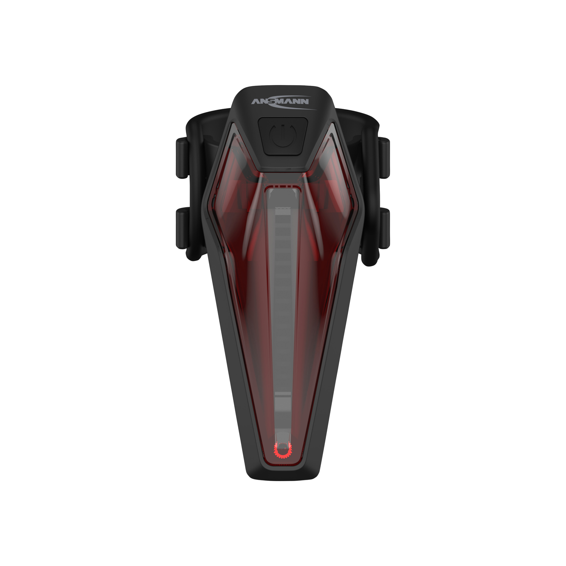 Czarna lampa tylna do roweru. Prostokątna z czerwoną powierzchnią świetlną i kątowymi wspornikami.