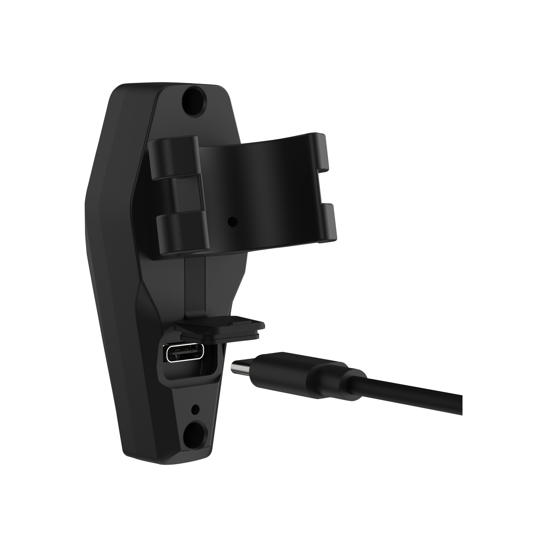 Czarne urządzenie z portem ładowania i złączem, połączone czarnym kablem, na białym tle.