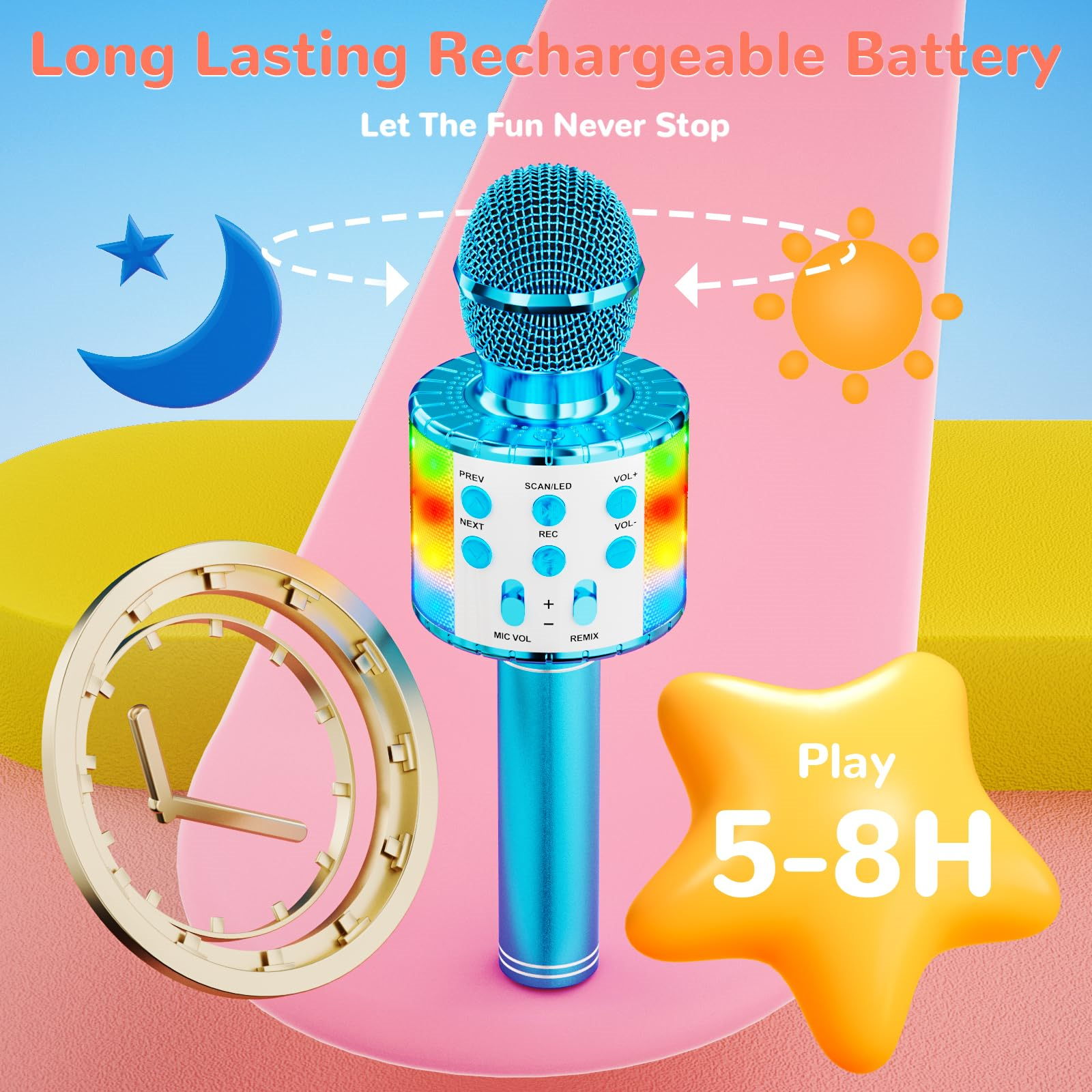 Ein blaues Karaoke-Mikrofon mit Stern- und Mondsymbol, einer Uhr und Text, der die Spielzeit angibt.