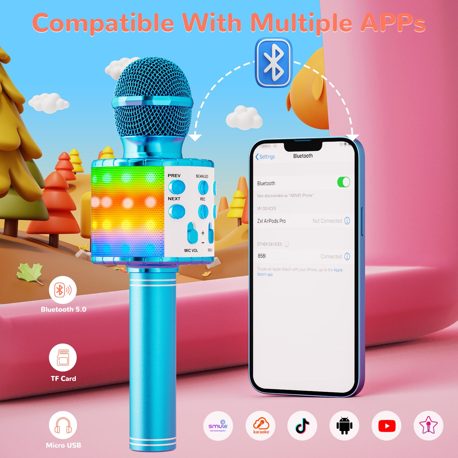 Ein blaues und mehrfarbiges Karaoke-Mikrofon mit einem Smartphone mit Bluetooth-Einstellungen in der Nähe.