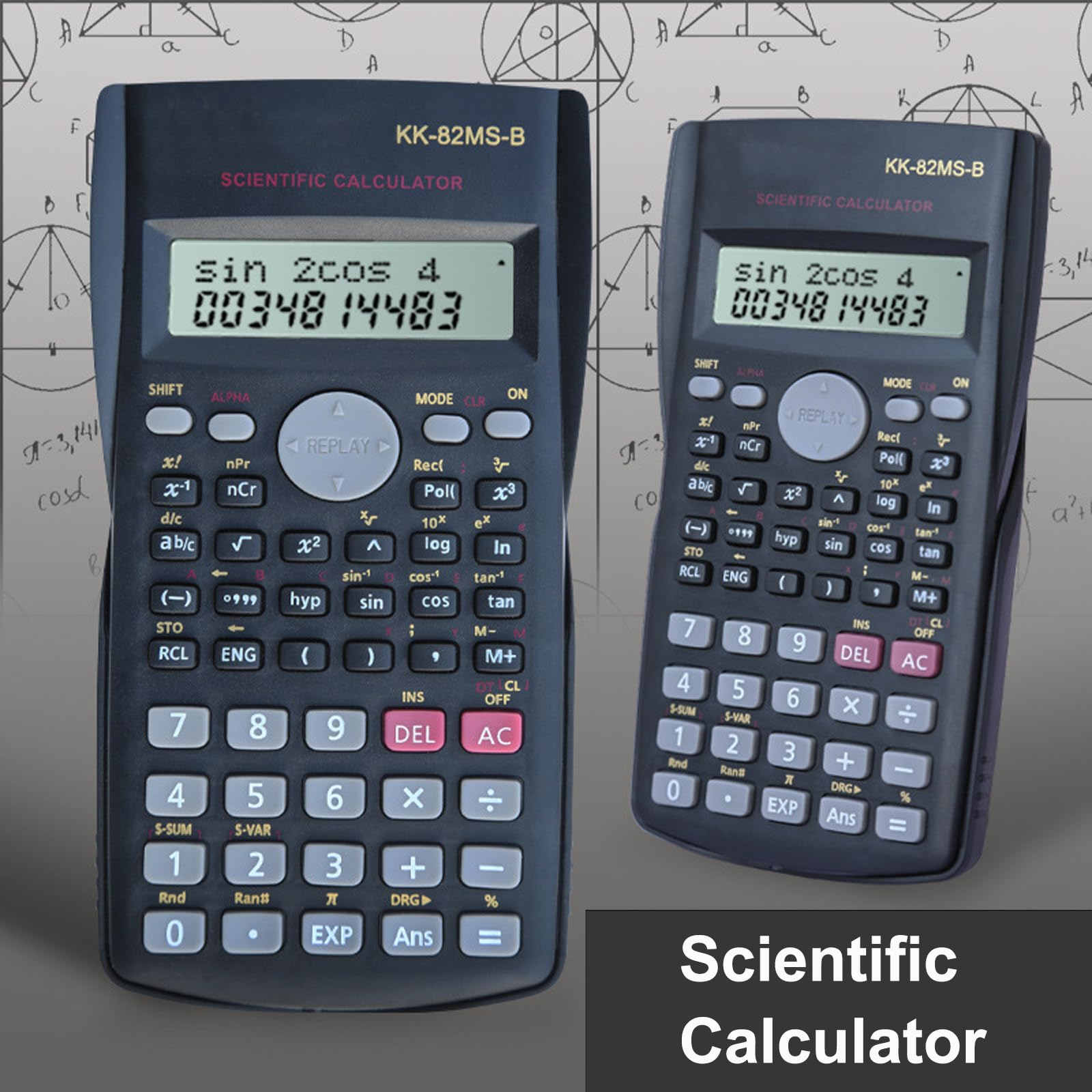 Zwei wissenschaftliche Taschenrechner mit identischer Anzeige, umgeben von mathematischen Symbolen.