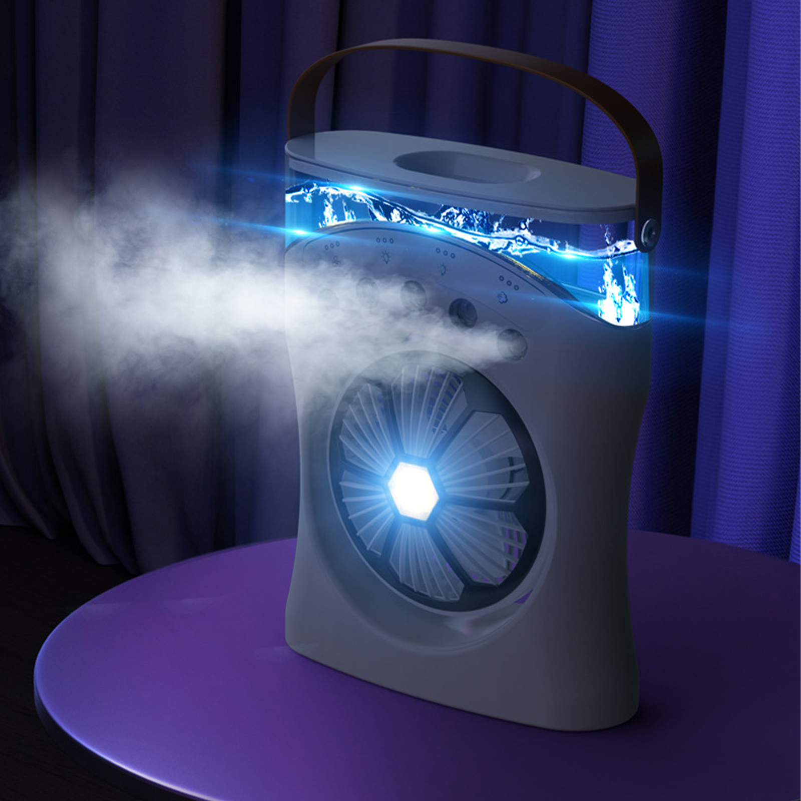 Weißer Luftkühler auf lila Tisch, mit Nebel, der herauskommt.