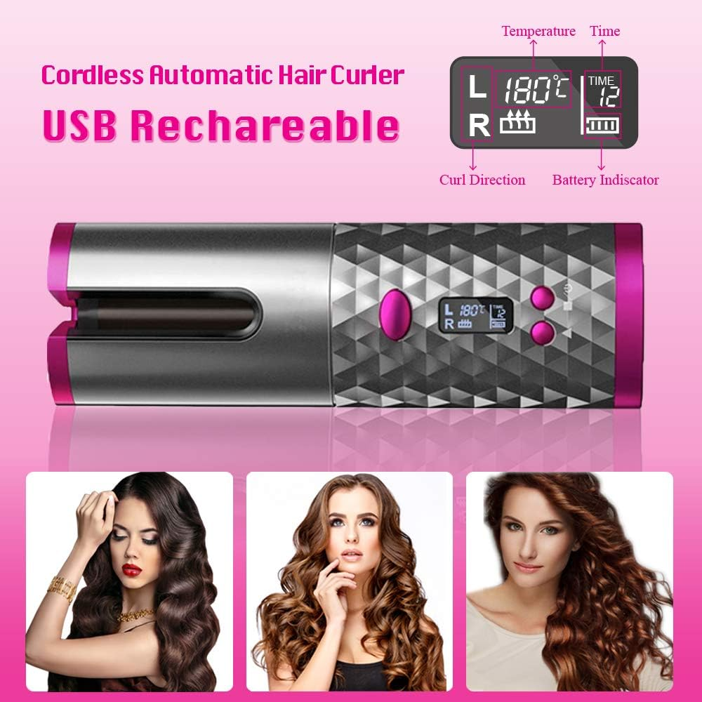 Kabelloser Lockenstab mit Display und drei Frauen mit gelocktem Haar.