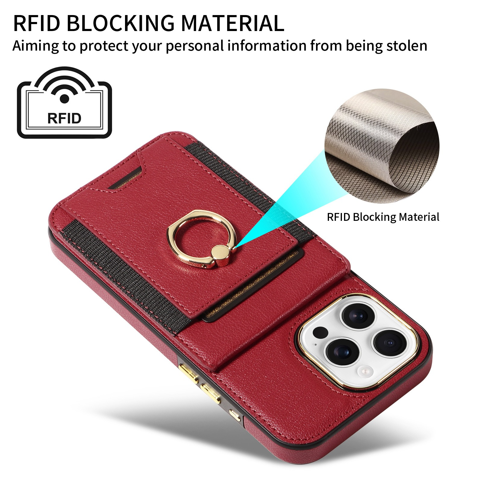 Rote Telefonhülle mit Ringhalter. RFID-Blockmaterial Detail. Schwarzer Riemen und Kameraausschnitt.