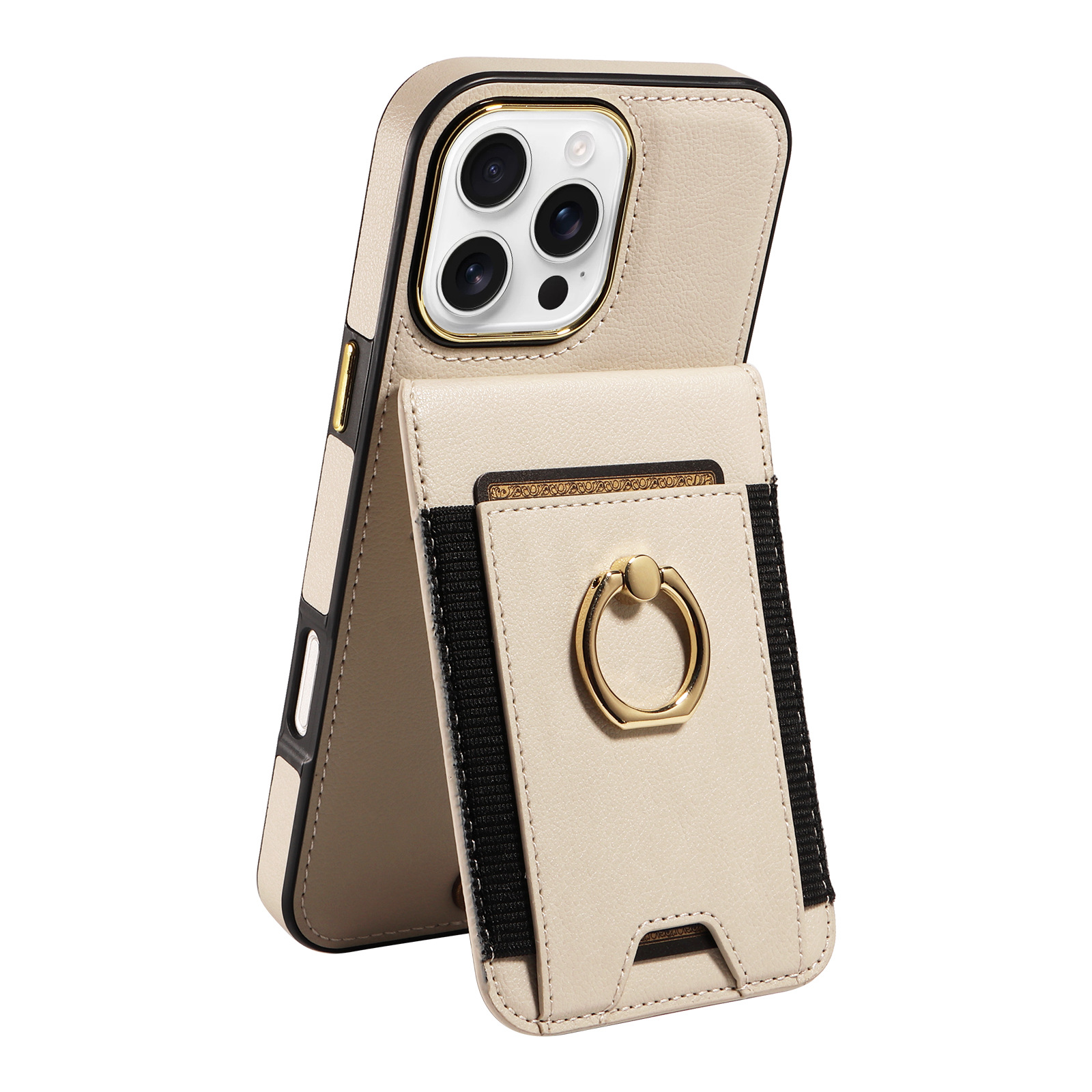 Beige Handyhülle mit Kartenhalter und einem goldenen Ring zur Fingerunterstützung.