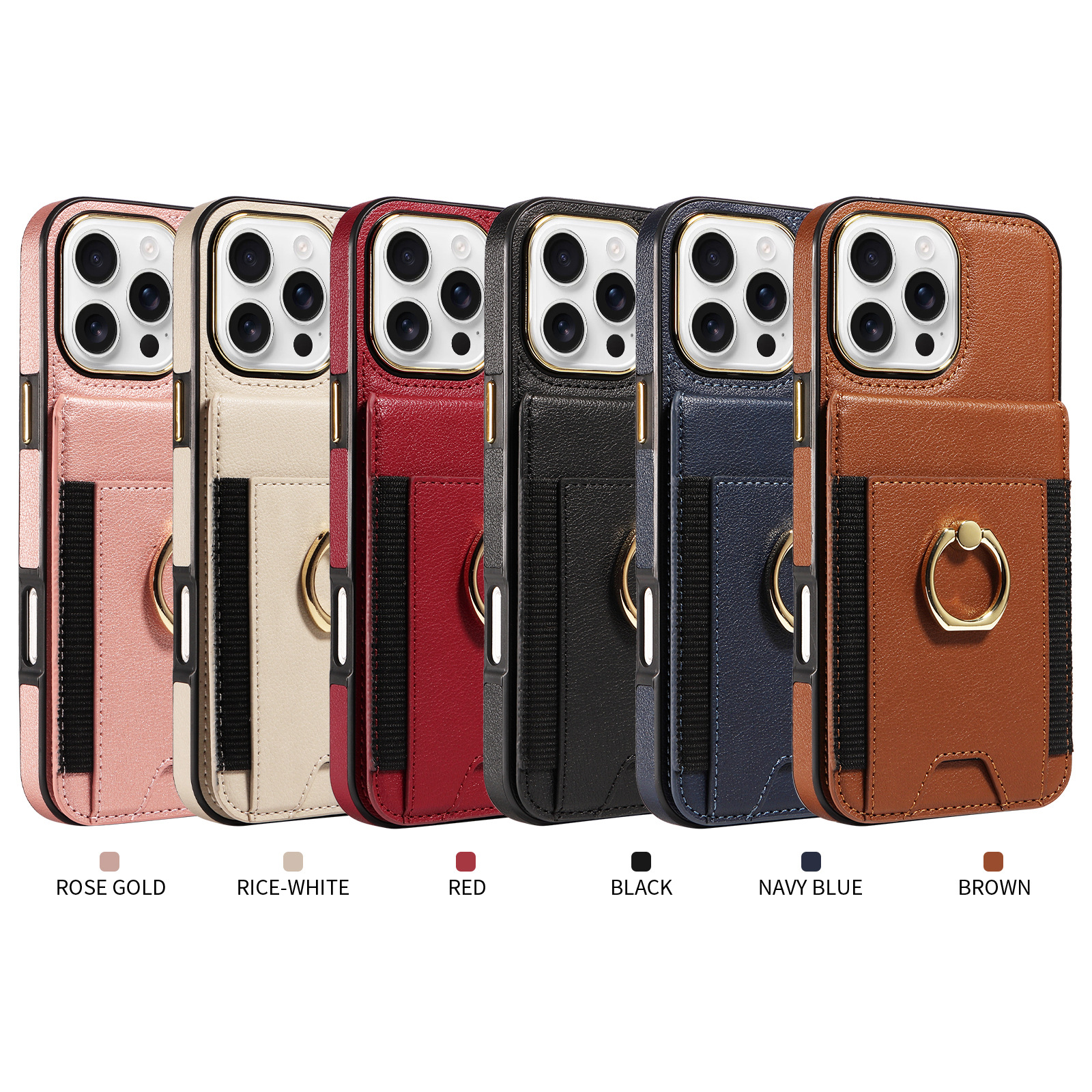 Sechs Handyhüllen in verschiedenen Farben: Roségold, Reisweiß, Rot, Schwarz, Marineblau und Braun.