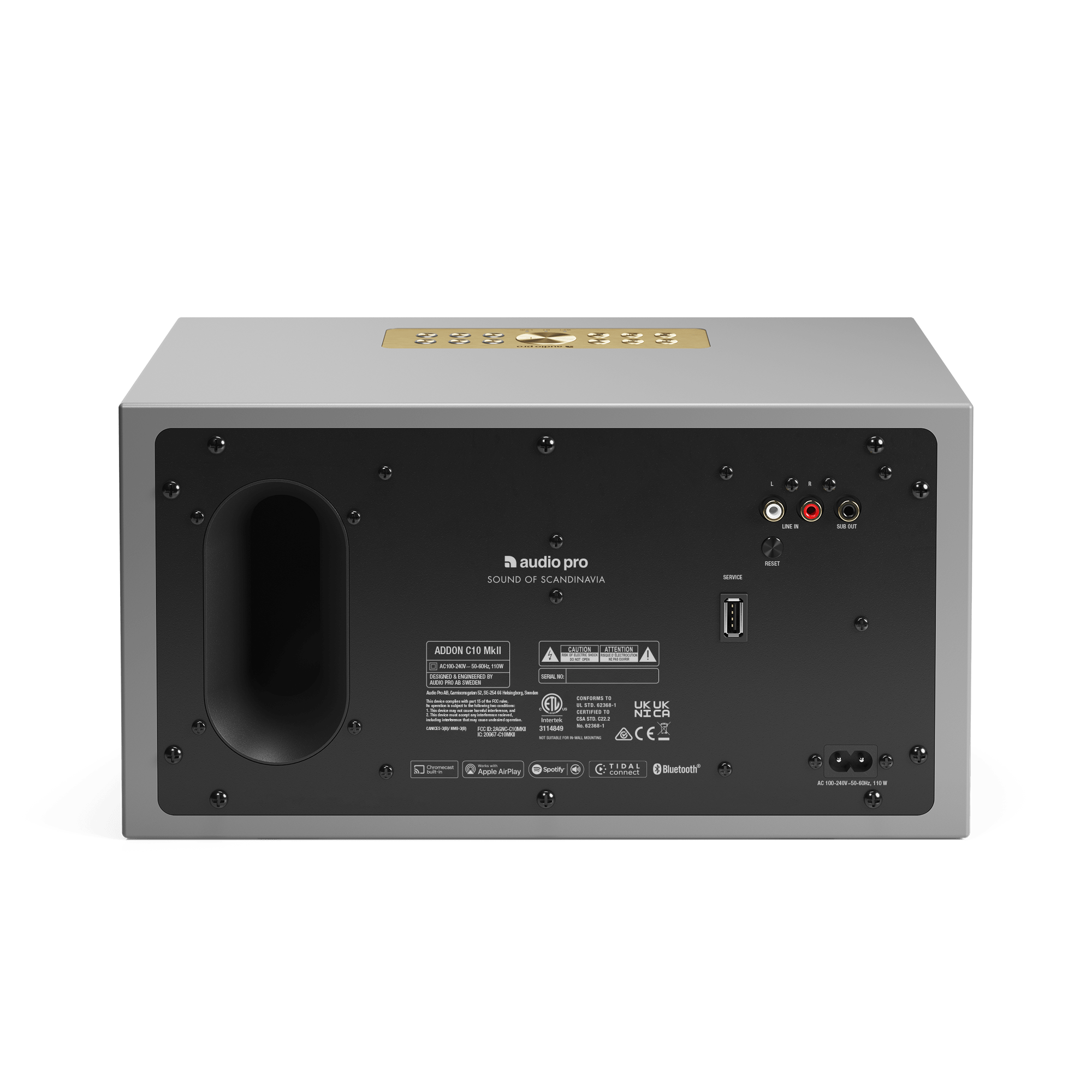 Retro di un sistema audio grigio con varie porte di connessione, il logo Audio Pro e un subwoofer.