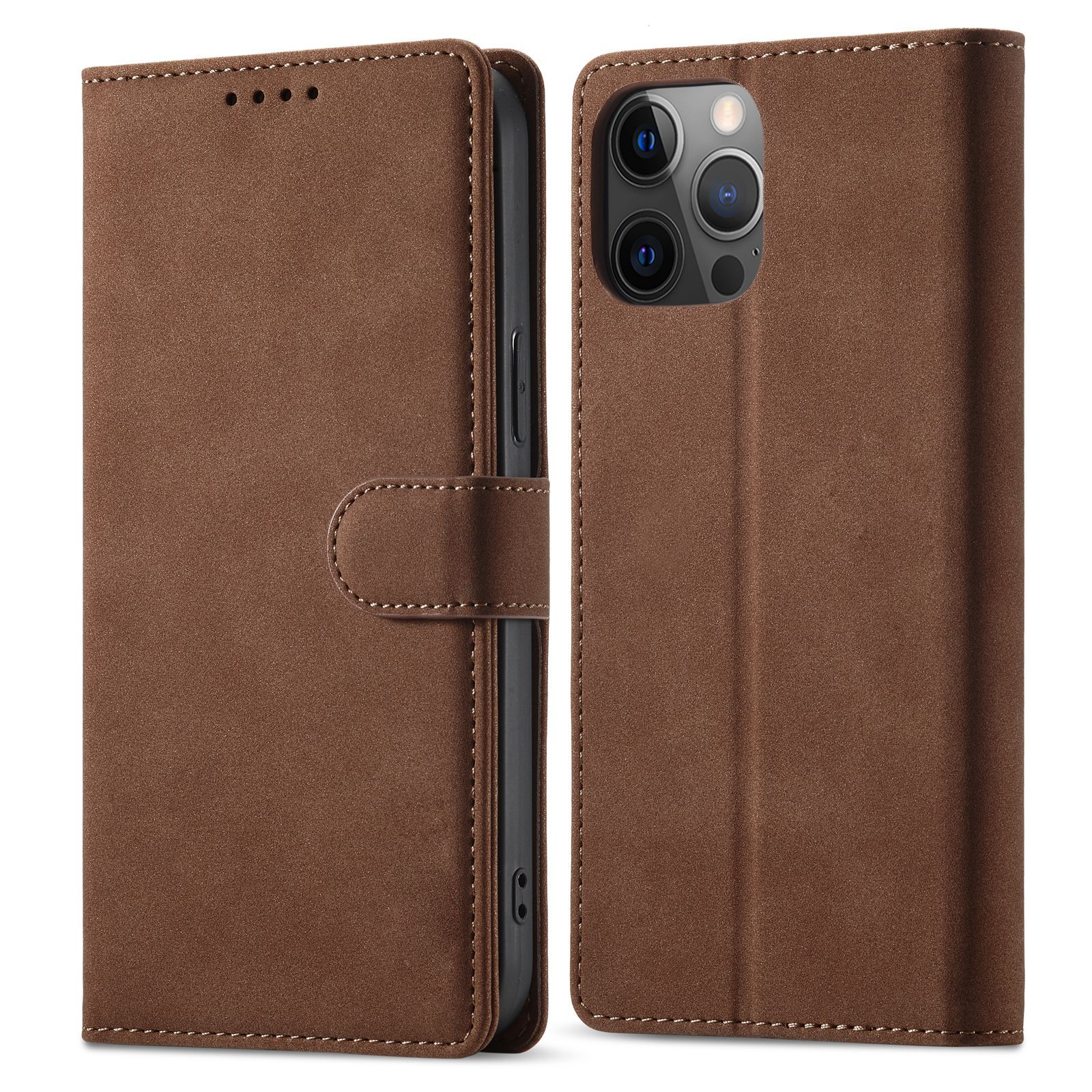 Braune iPhone-Lederhülle, offen, um das Telefon zu zeigen, mit einem Knopfverschluss.