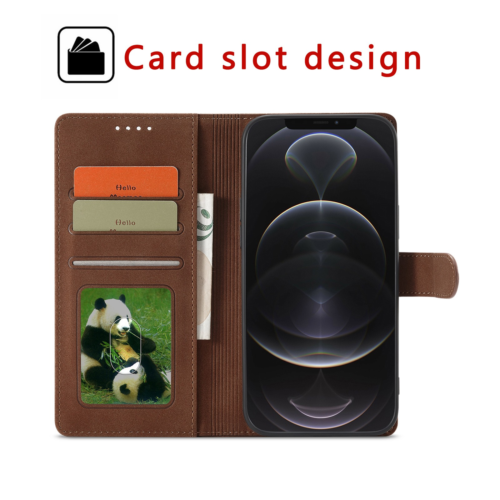 Geöffnete braune Handyhülle mit Karten und Panda-Bild. Text "Kartenfach-Design" ist sichtbar.