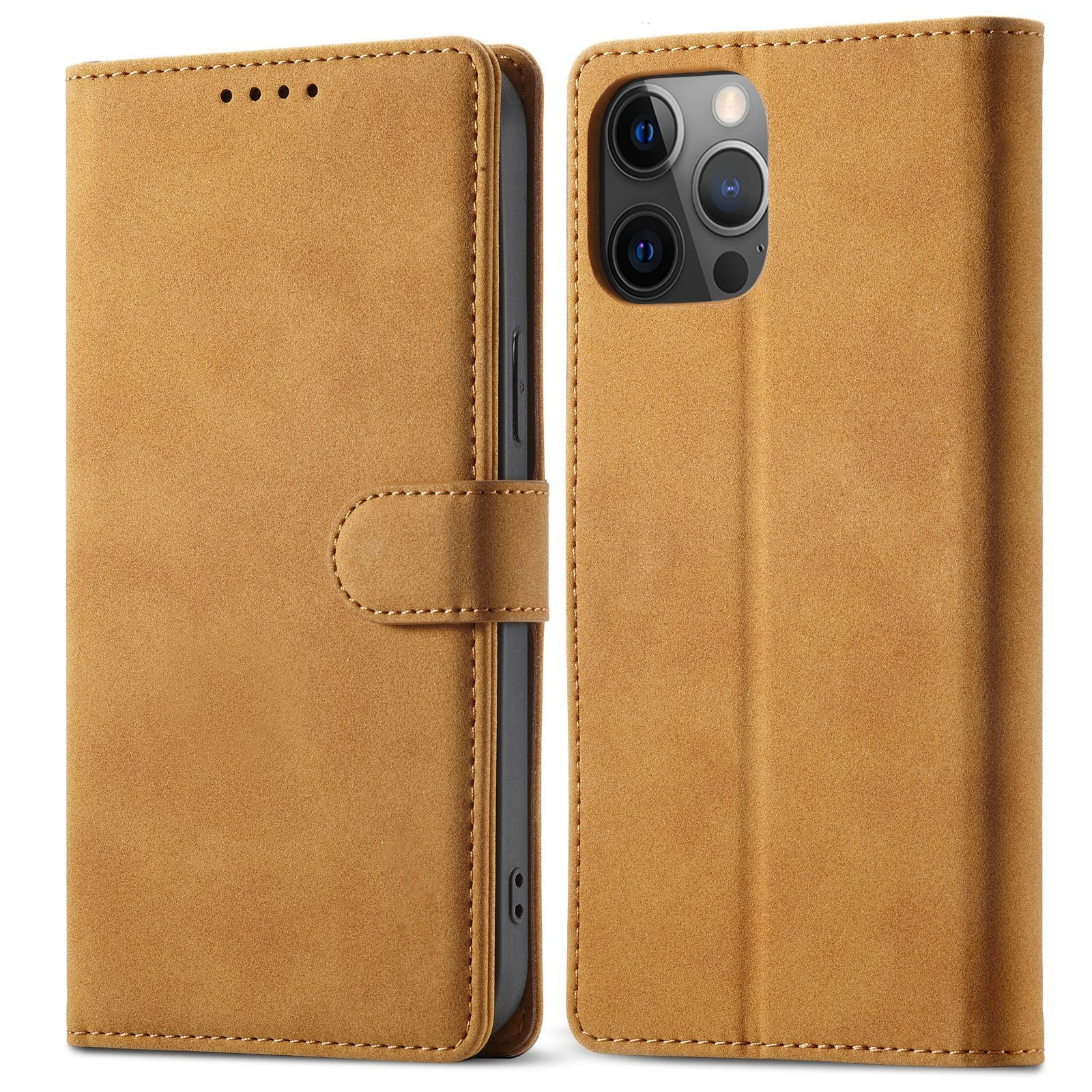 Eine braune Leder-Handyhülle in geöffneter Position, das Telefon zeigend.