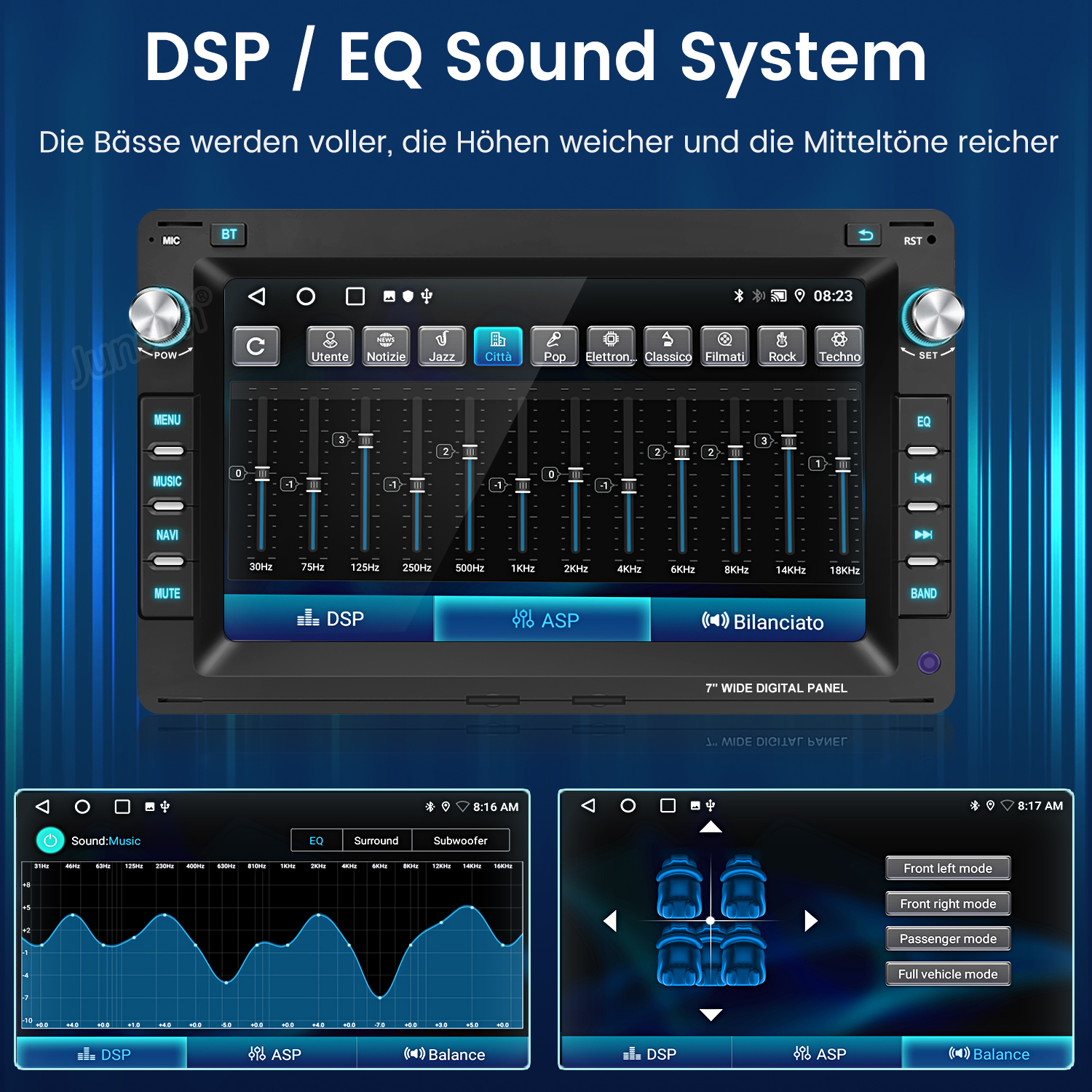 Ekran radia samochodowego z korektorem, kontrolkami muzyki i tekstem DSP/EQ Sound System.