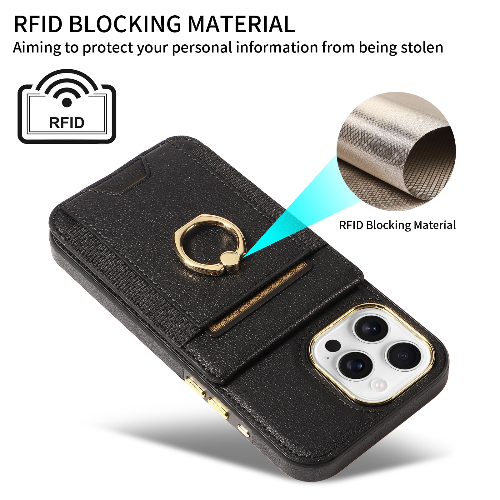Schwarze Handyhülle mit goldenem Ring. Mit Kartenfach und RFID-Blockiermaterial.