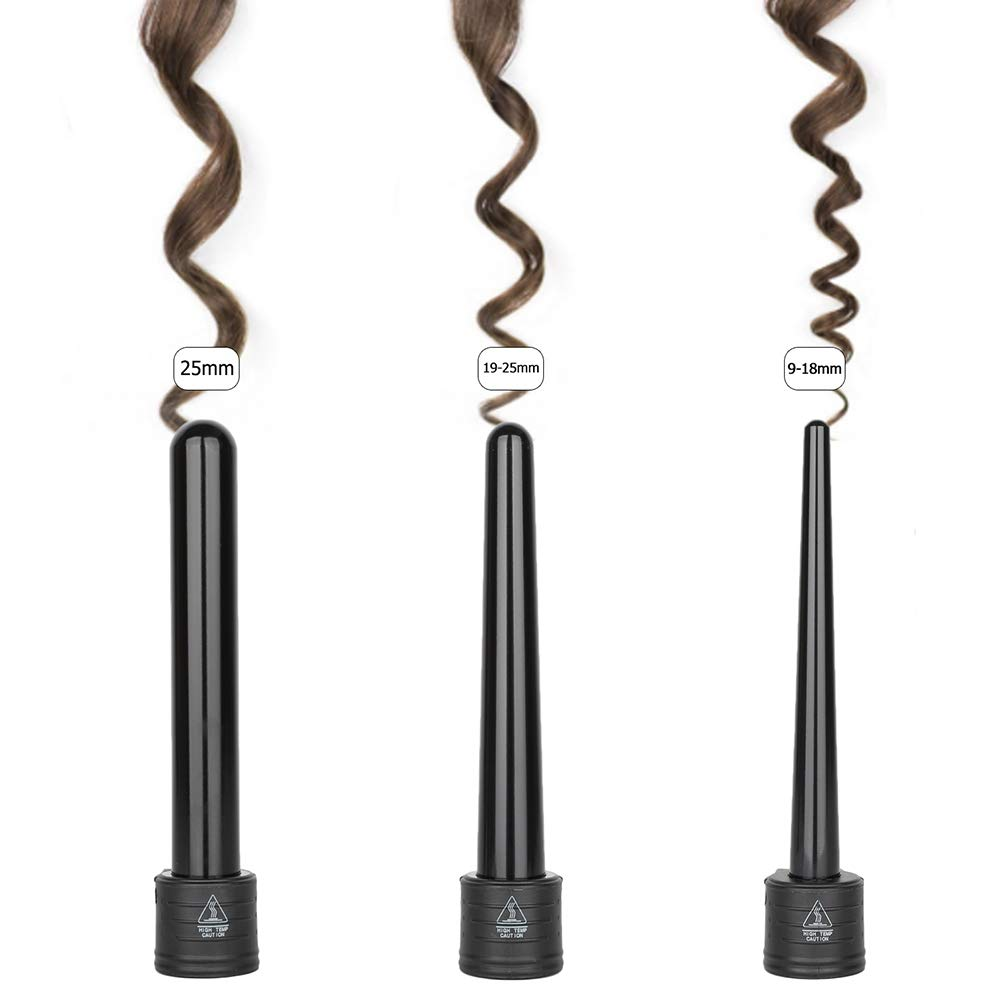 Drei Lockenstabaufsätze mit verschiedenen Lockengrößen und Haarproben daneben.