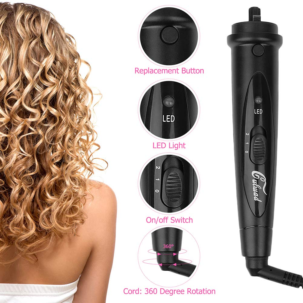 Haar einer Frau mit Locken. Ein Lockenstab wird mit seinem Ein-/Ausschalter und 360-Grad-Drehung gezeigt.